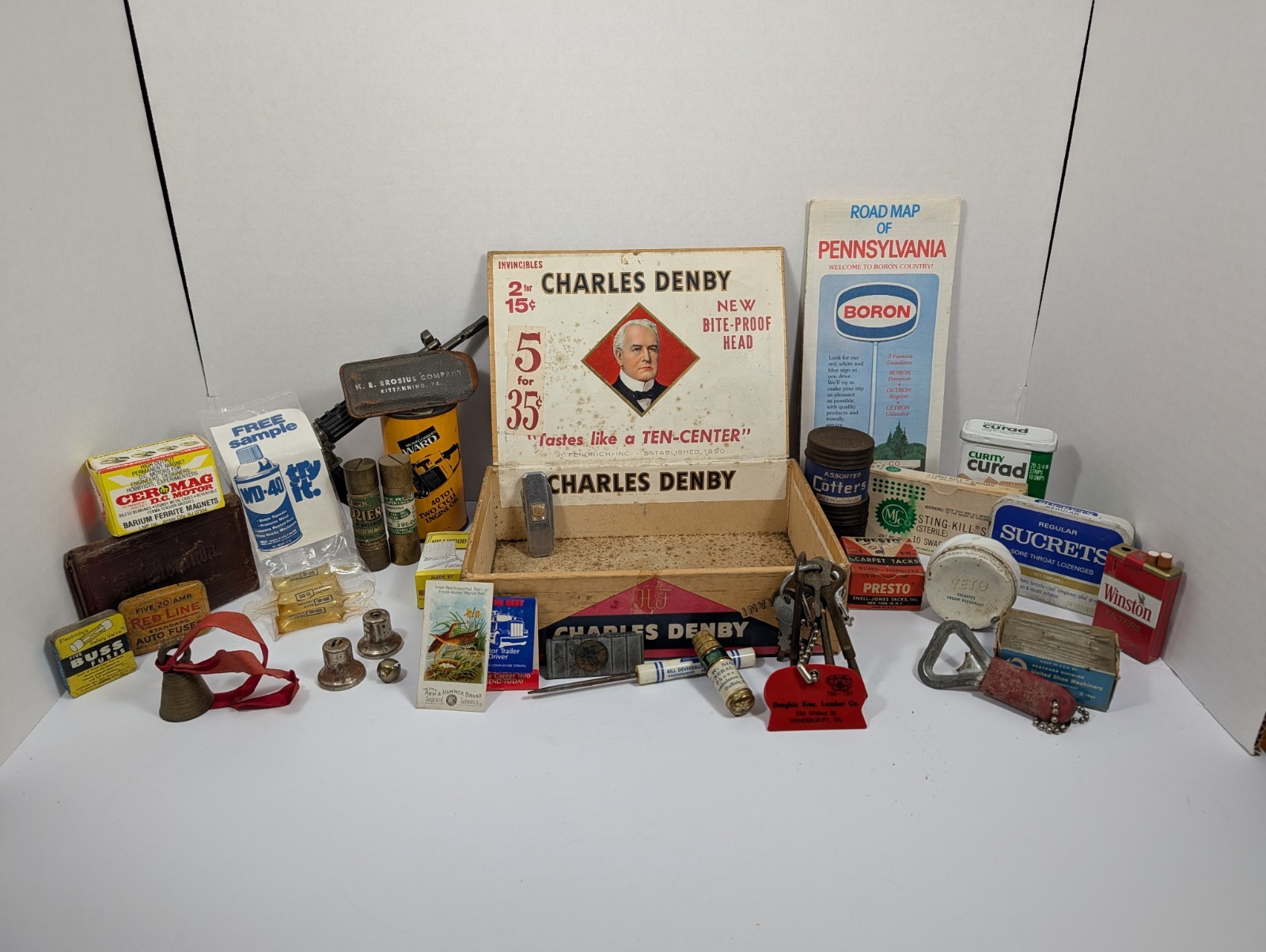 Vintage Advertising Junk Drawer Lot Cigar Box PA Local Tins NOS Oil CE Knife
