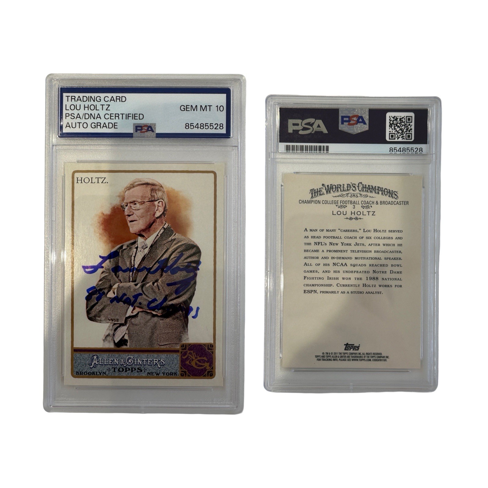 1990 Lou Holtz Auto 88 Nat Champs Allen & Ginter’s PSA GEM MT 10 Auto