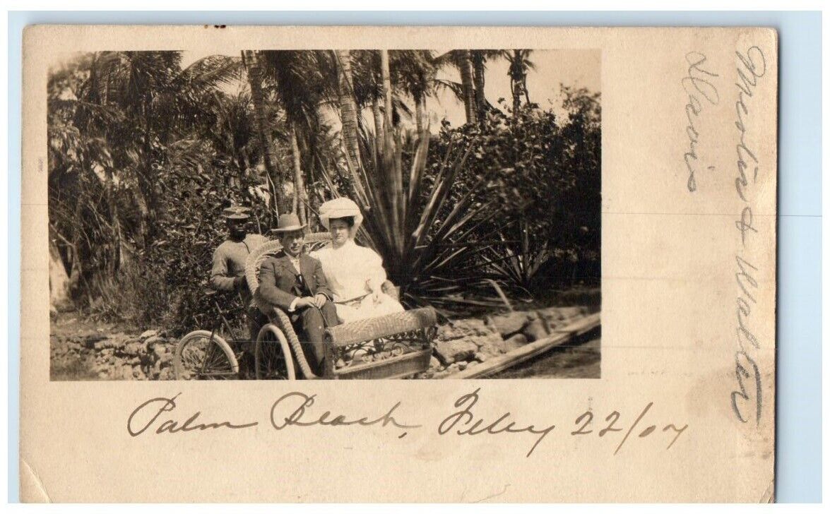 1907 Husband Wife Black Man Bike Cart Palm Beach Florida FL RPPC Photo Postcard