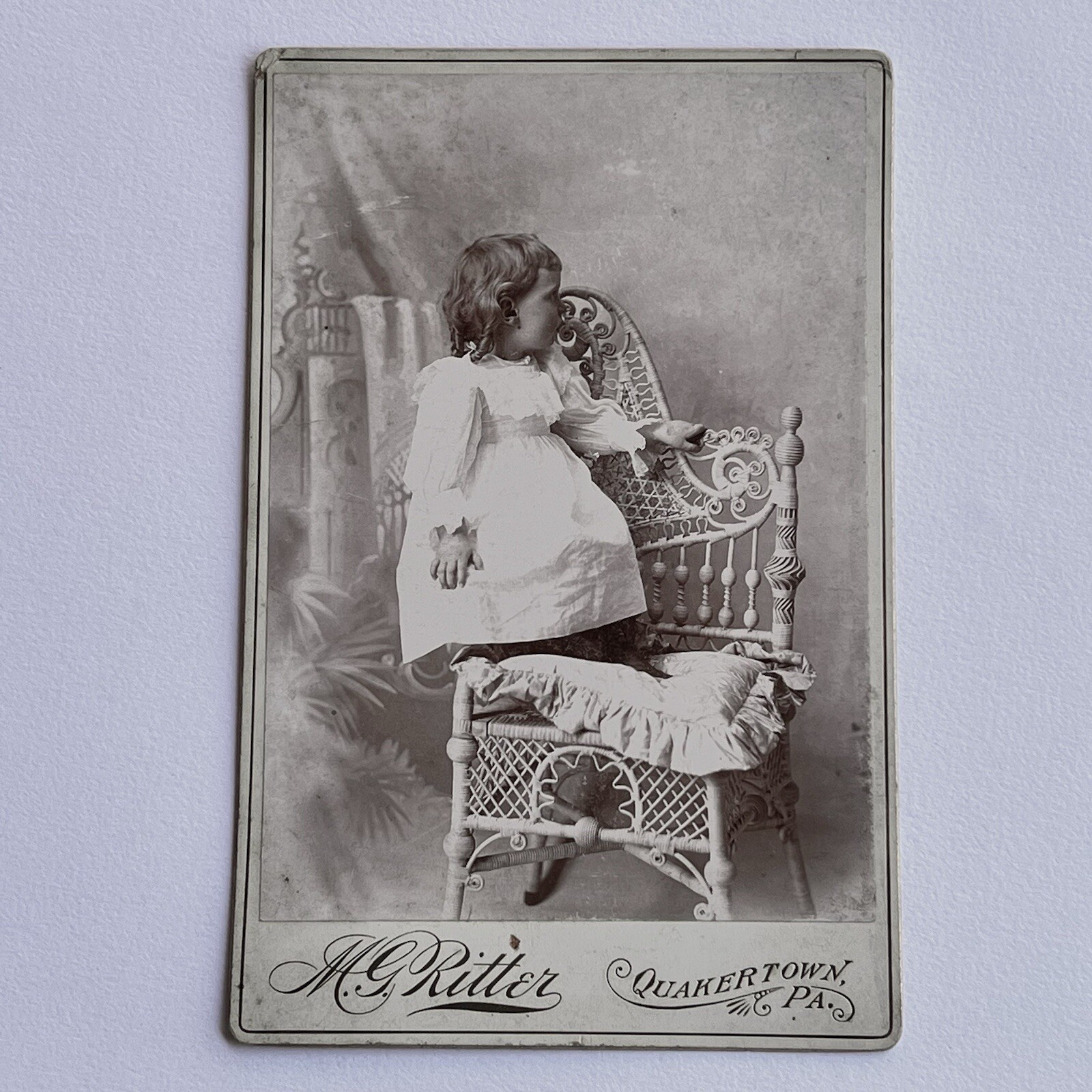Antique Cabinet Card Photograph Adorable Little Girl Wicker Chair Quakertown PA