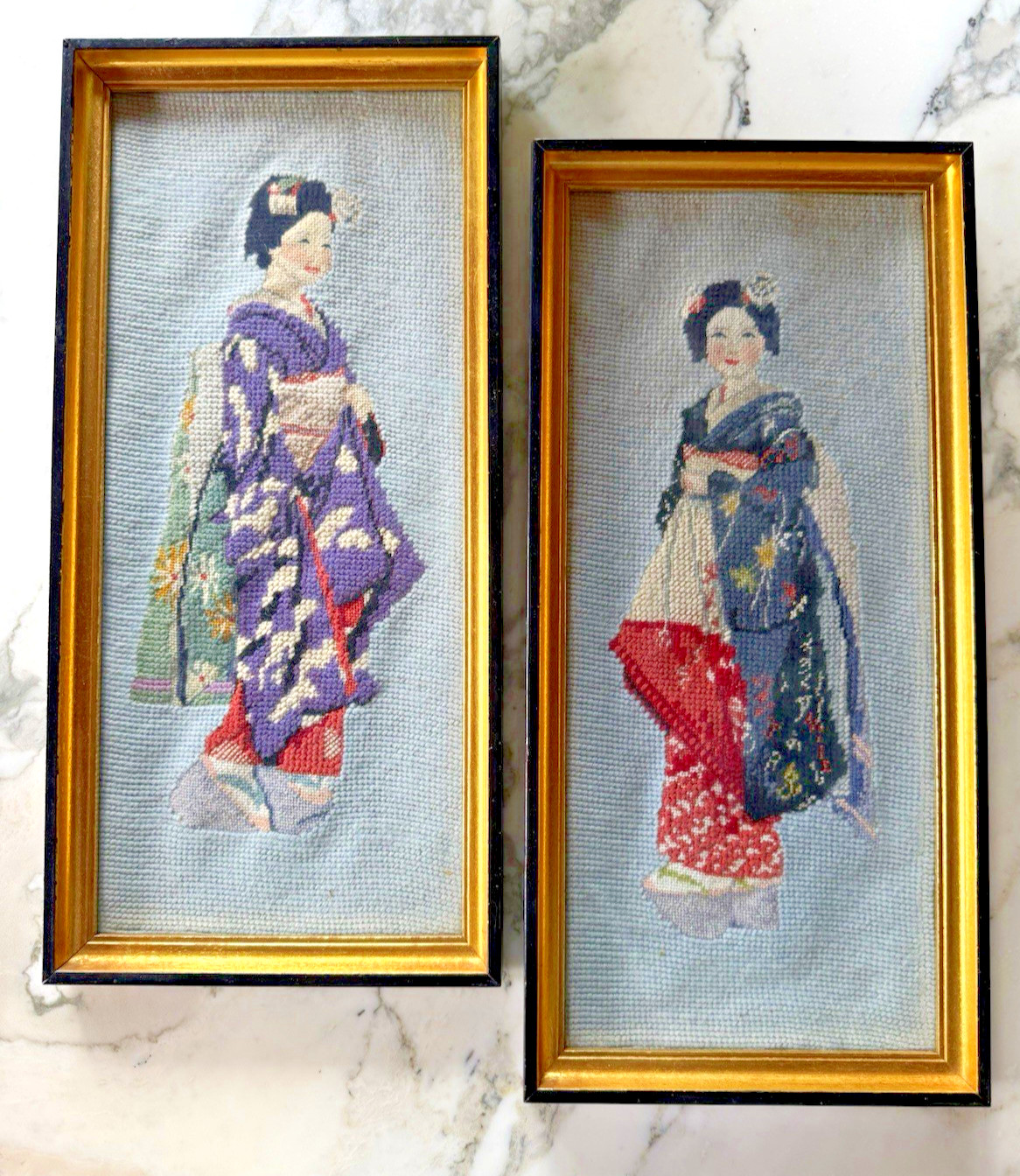 VTG Pair Framed Japanese Geisha Needlepoint Wall Art Asian Chinoiserie 17\