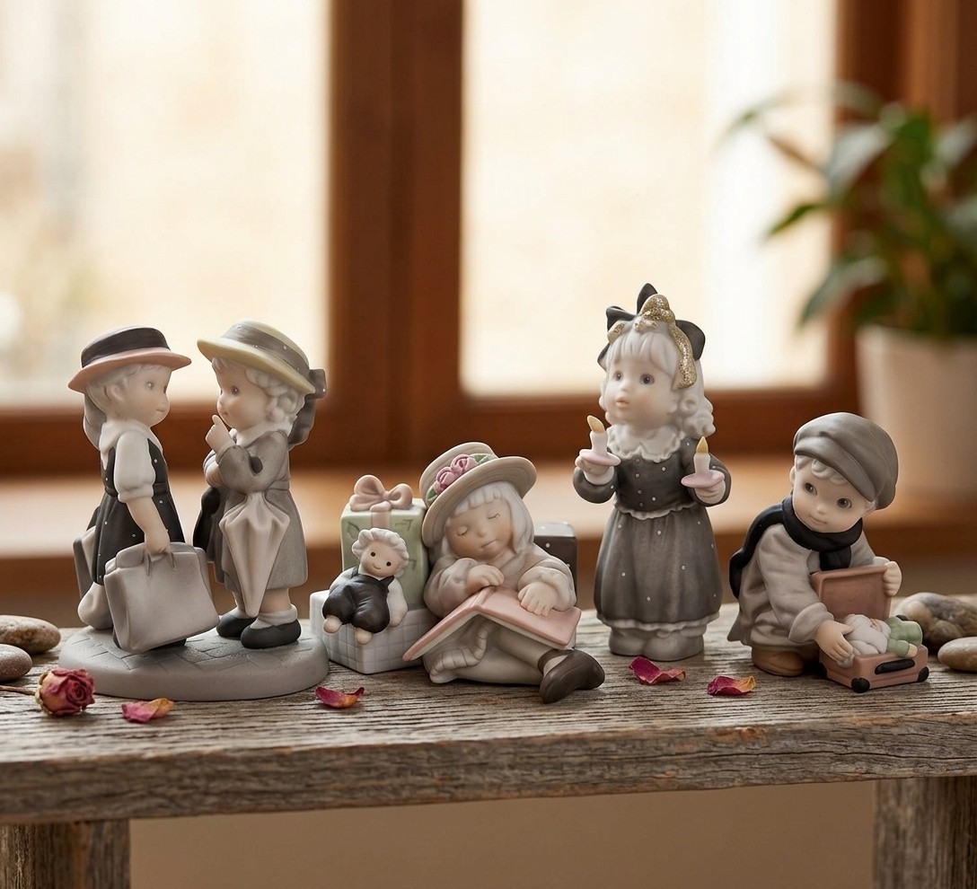 Vintage Enesco Porcelain Children Figurines Lot Set Muted Pastel Collectibles