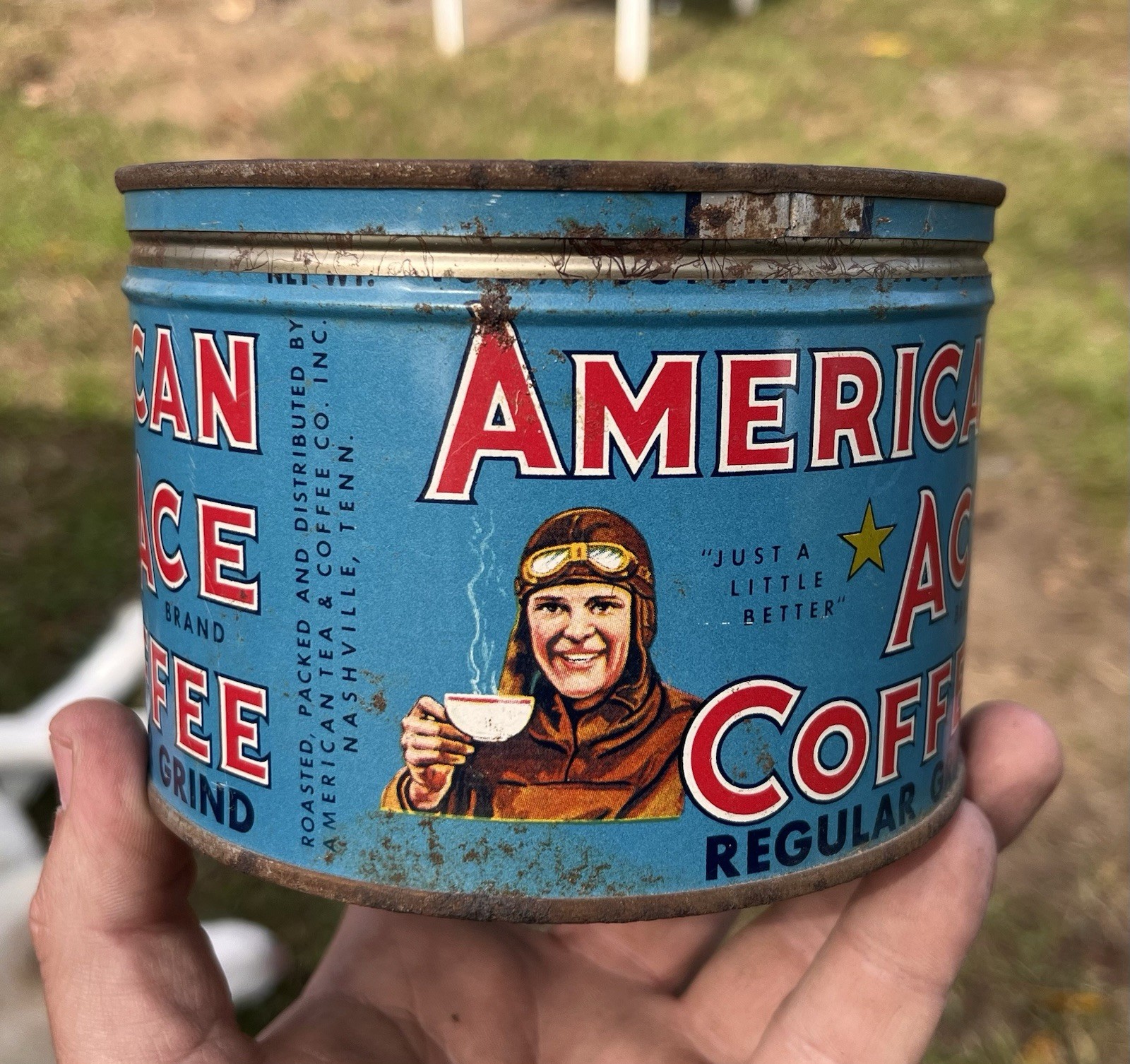 Antique 1930s American Ace Coffee Airplane Pilot Advertising Tin Nashville TN