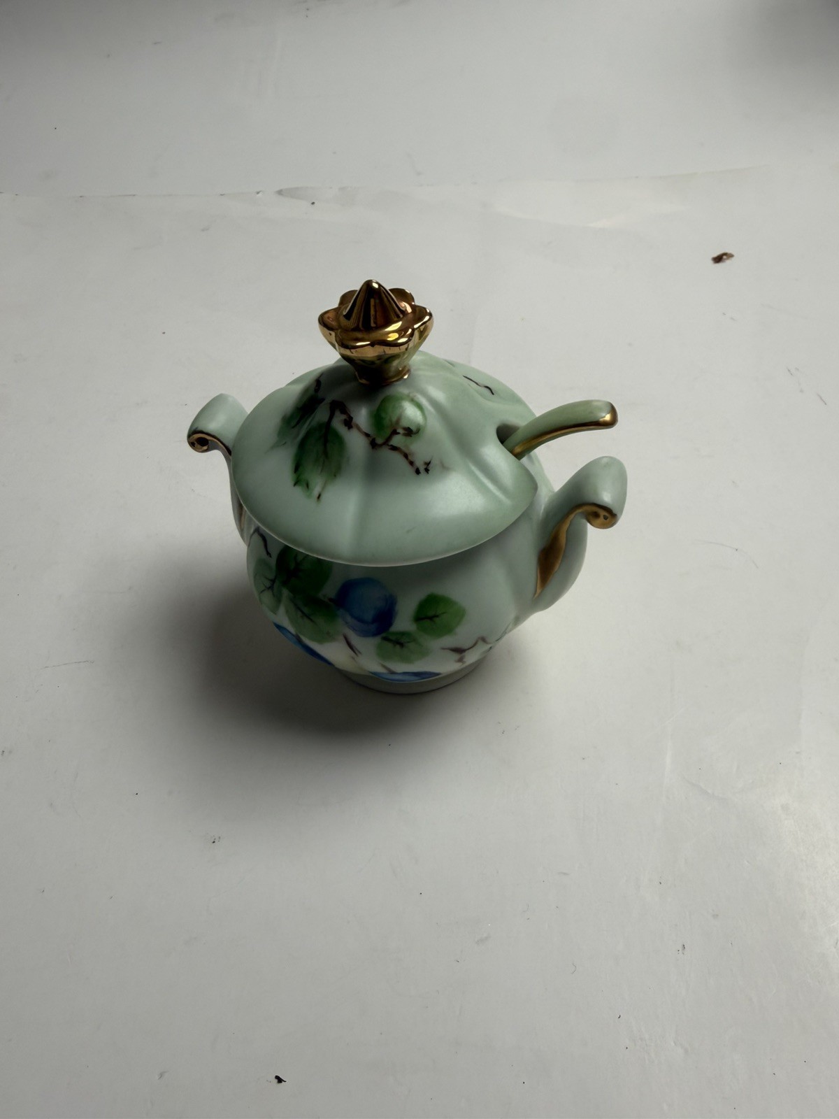 Vintage Hand Painted Porcelain Jam Jelly Jar Lid Spoon Fruit Gold Trim Signed