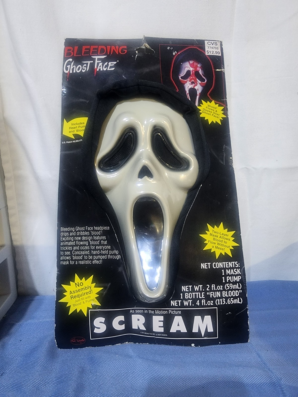 Vintage 1997 Scream Ghost Face Bleeding Mask w/ Blood Heart Pump New Halloween