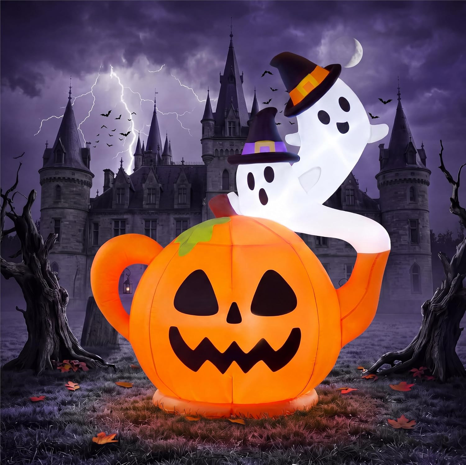5FT Halloween Inflatable Pumpkin Outdoor Witch Ghosts, Lighted Blow up Yard Deco