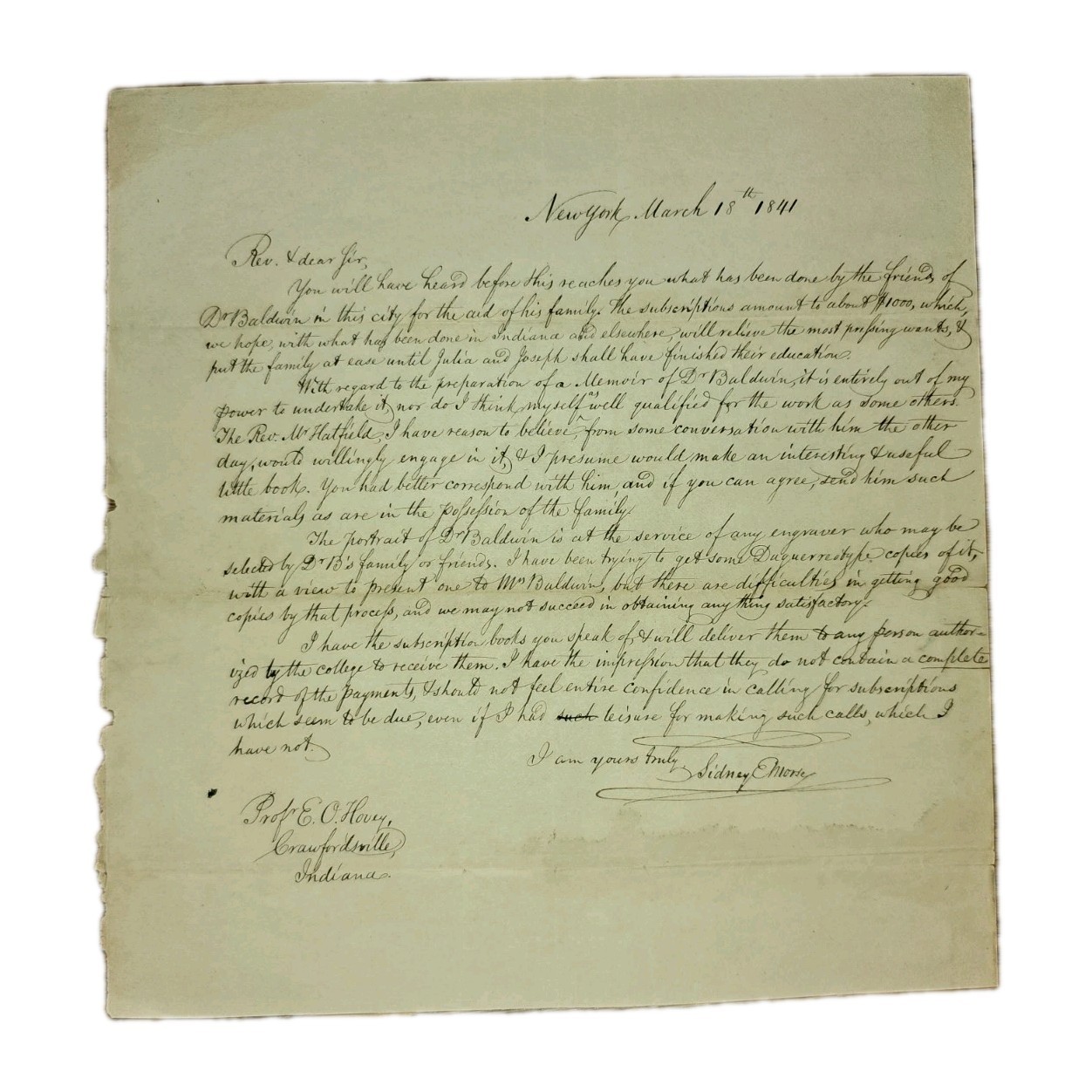 1841 Sidney E. Morse ALS to Prof. Hovey on Baldwin Family Aid & Memoir