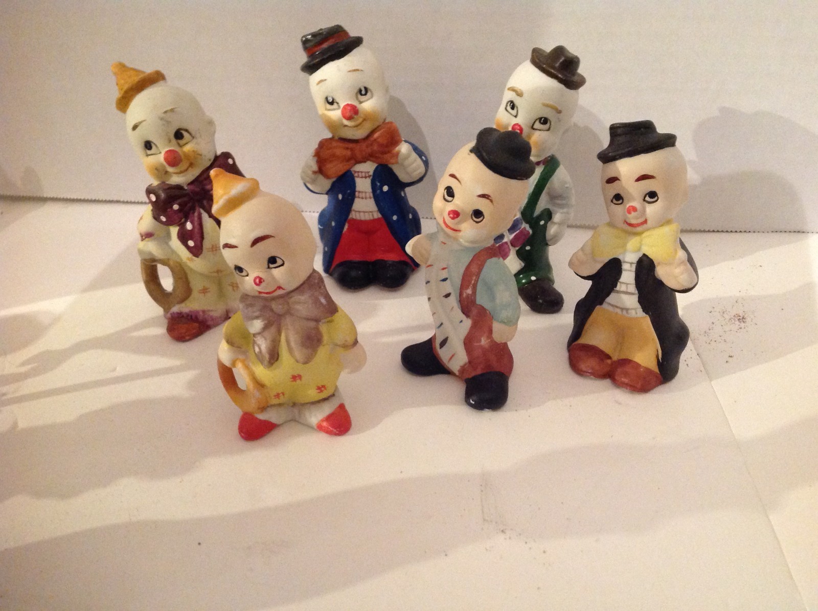 Six Enesco Vintage Bisque Porcelain 4” Tall Clowns