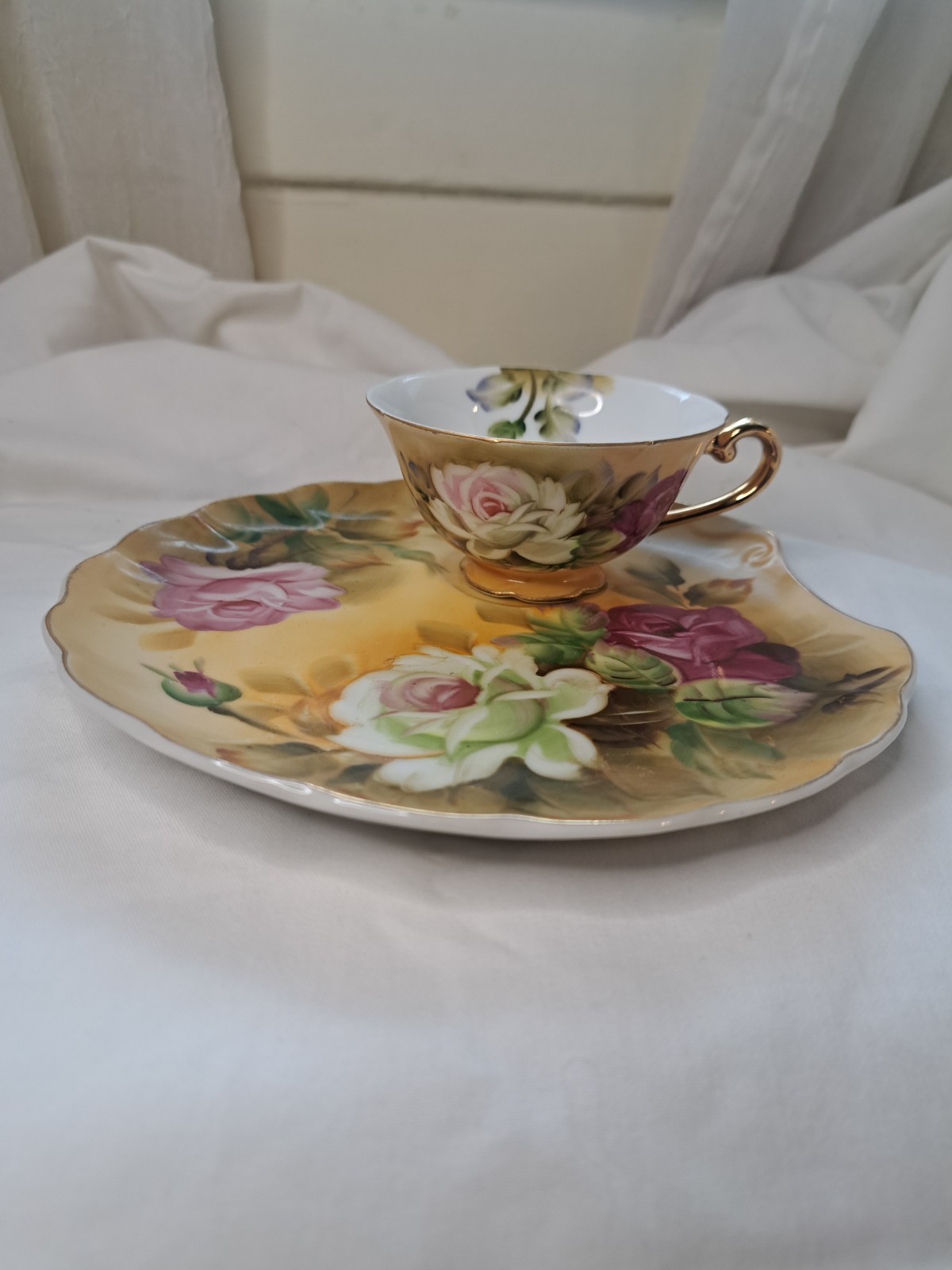 Beautiful Victorian Lefton China Snack Plate With Tea Cup Hand Painted Vintage