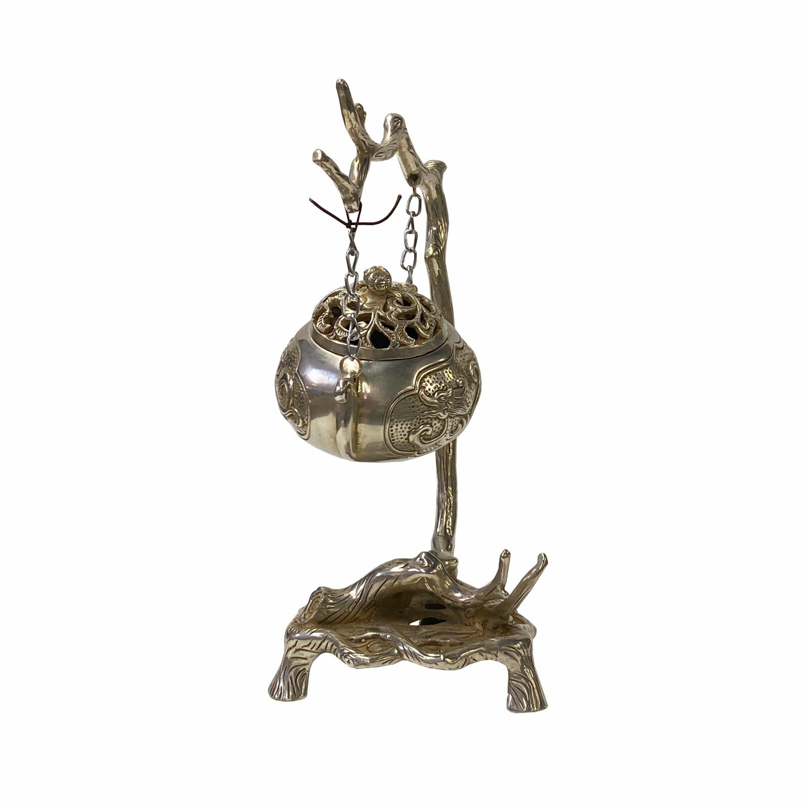 Chinese Rustic Silver Color Metal Tree Swing Incense Holder ws1731