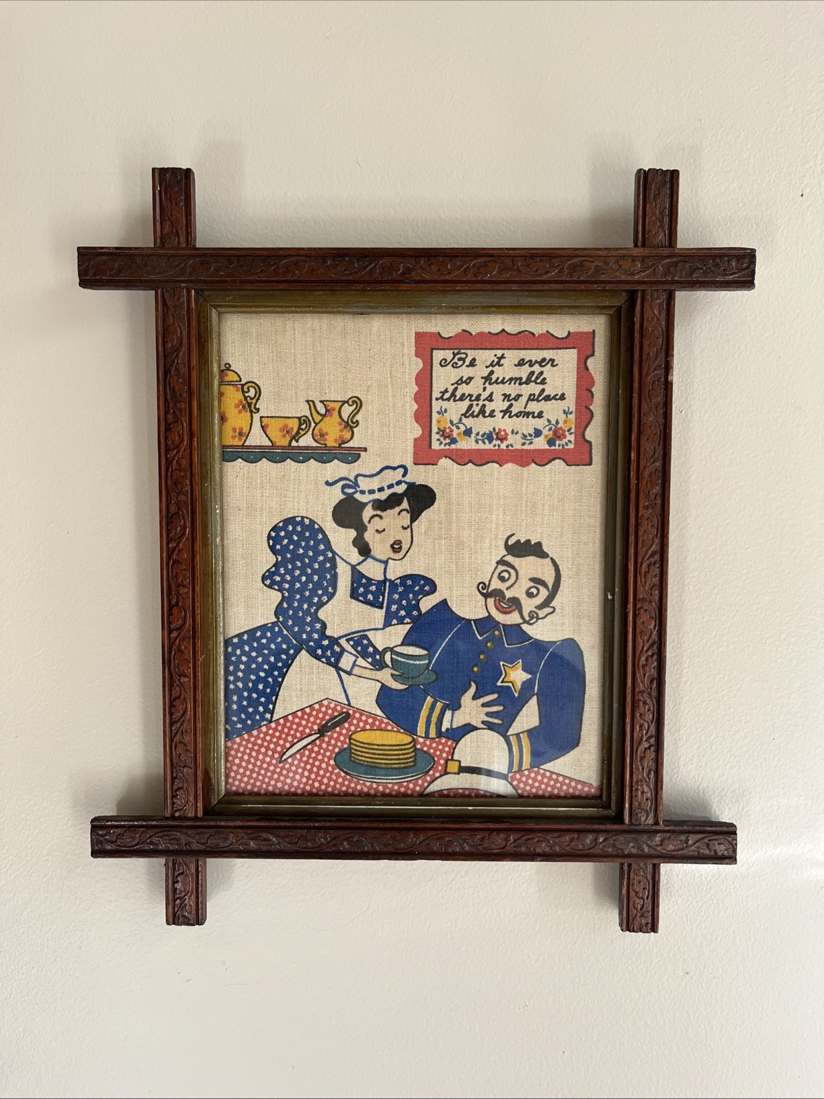 VTG Folk Art Kitchen Picture “No Place Like Home”Carved Wood Frame Americana