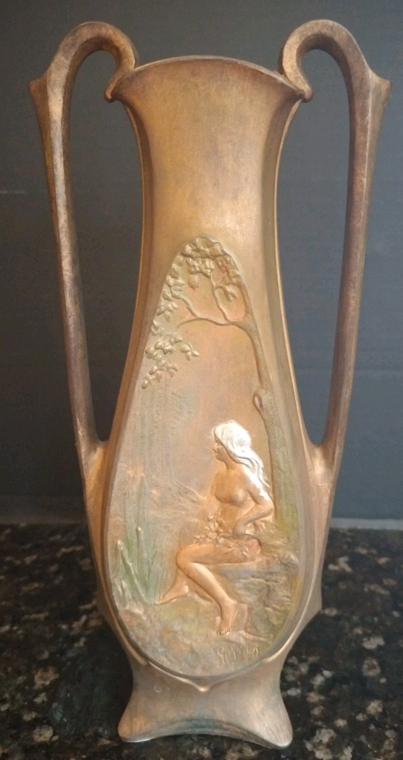 Art Nouveau Fairy Vase by Jean Garnier, French Nymphs Antique Jugendstil Signed