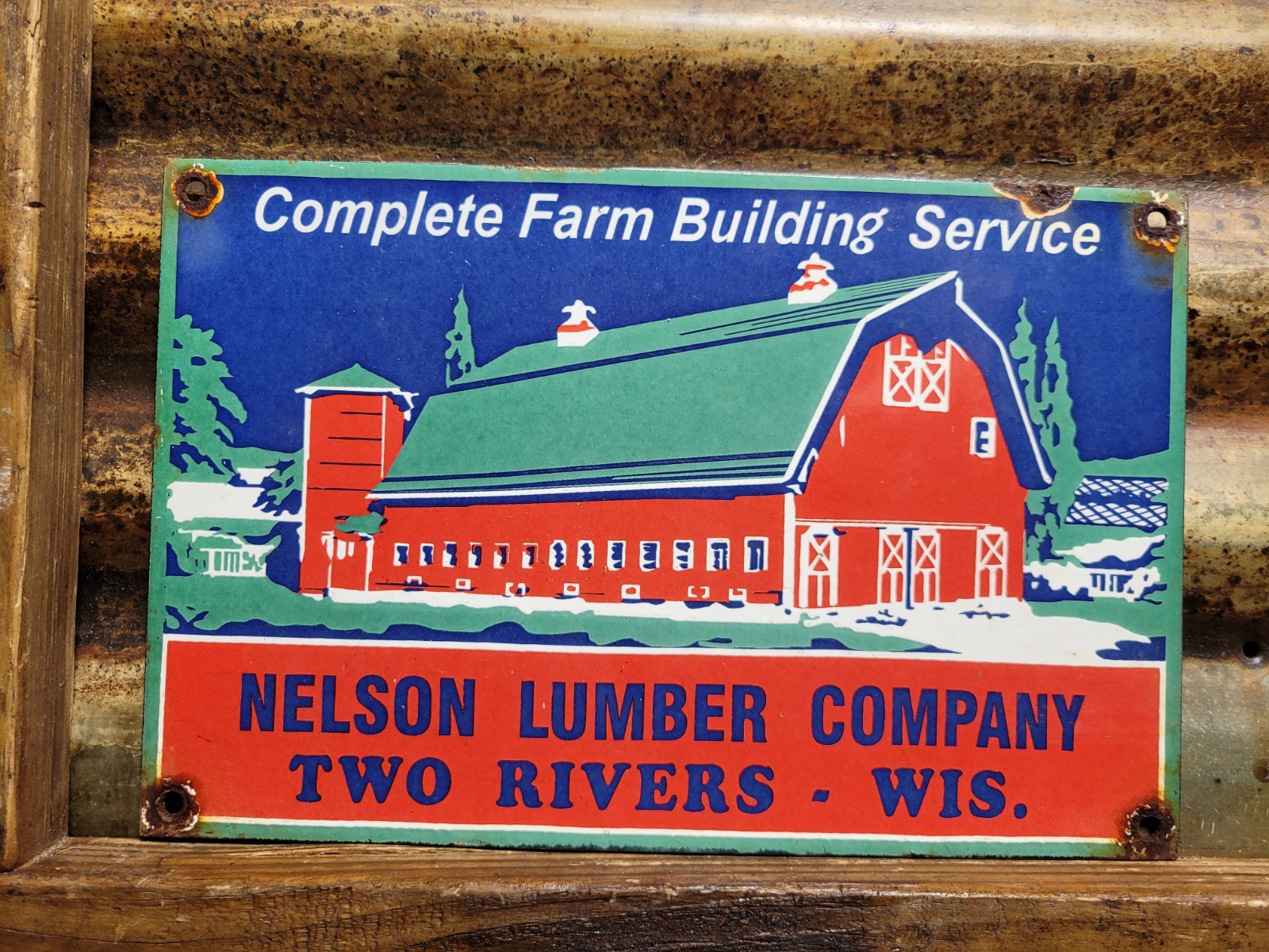 VINTAGE NELSON LUMBER PORCELAIN SIGN WISCONSIN WOOD FARM BARN TIMBER BUILDING