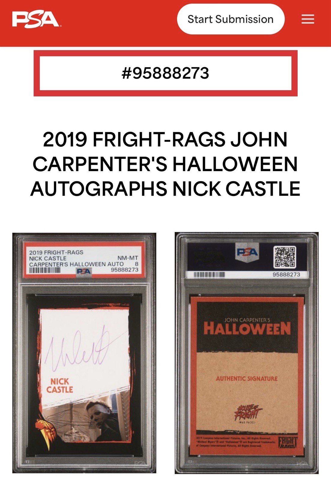 🎃 2019 Fright Rag HALLOWEEN Autograph NICK CASTLE Michael Myers TOP PSA POP 1‼️