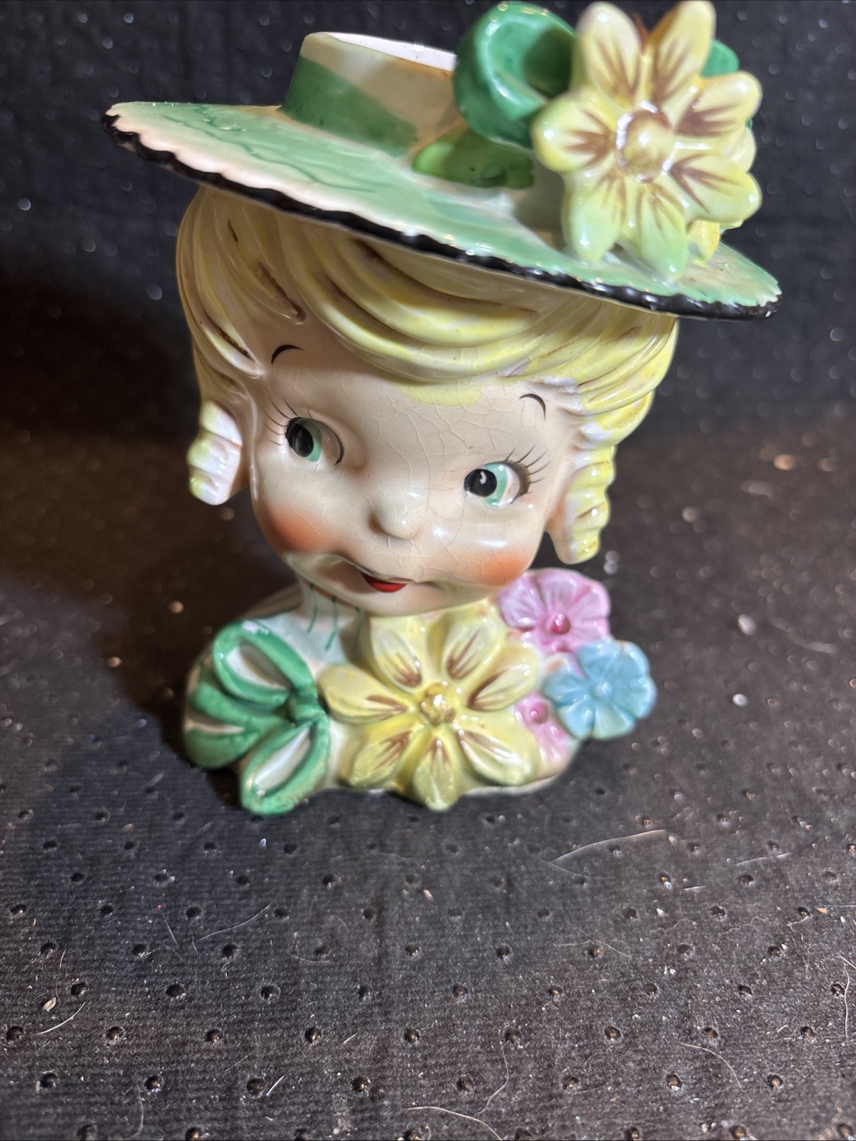 Vintage Nippon Japan MCM Blonde Lady Girl In Hat W/ Flowers Head Vase