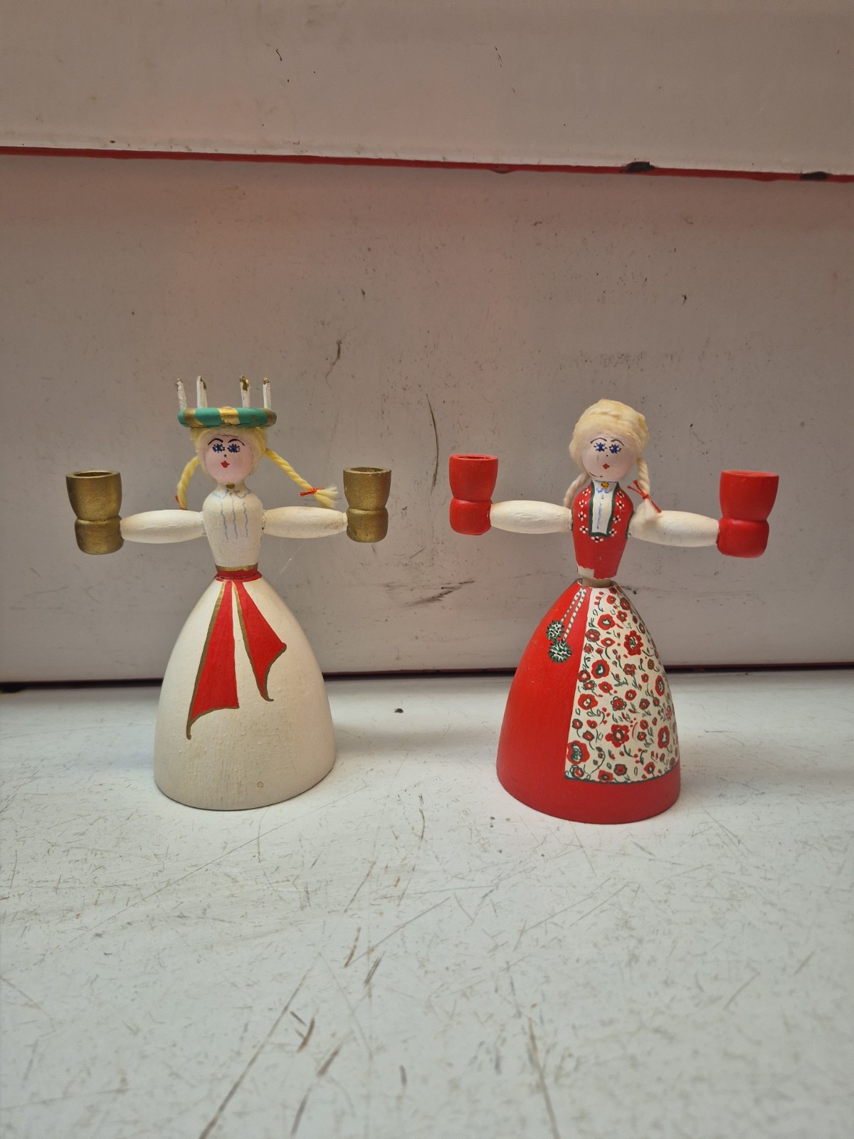 Vintage Swedish Traditional Candle Holder Wooden Girl Folk Art Scandinavian