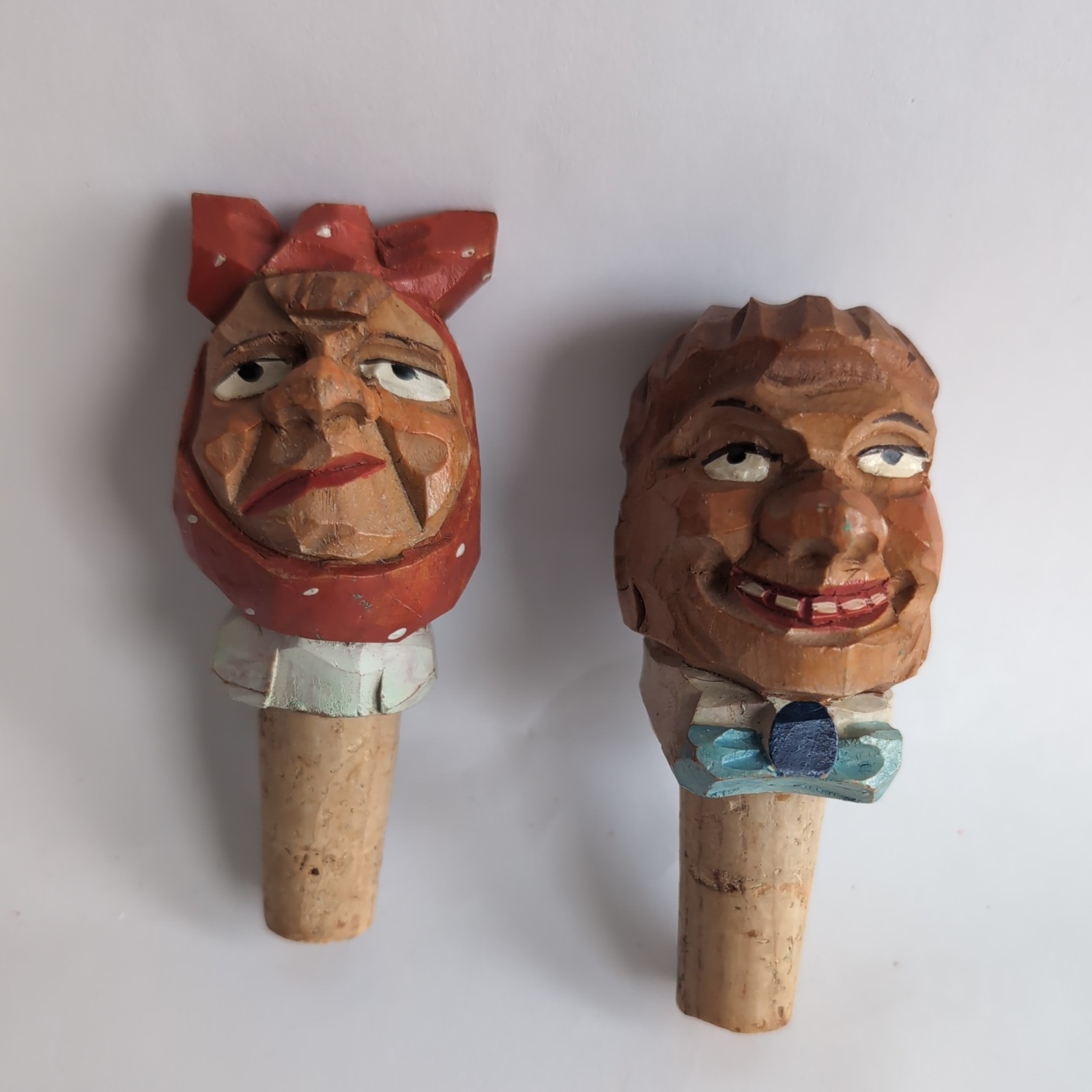 Vintage 2 Hand Carved Wood Figural Head Cork Bottle Topper German Man Lady