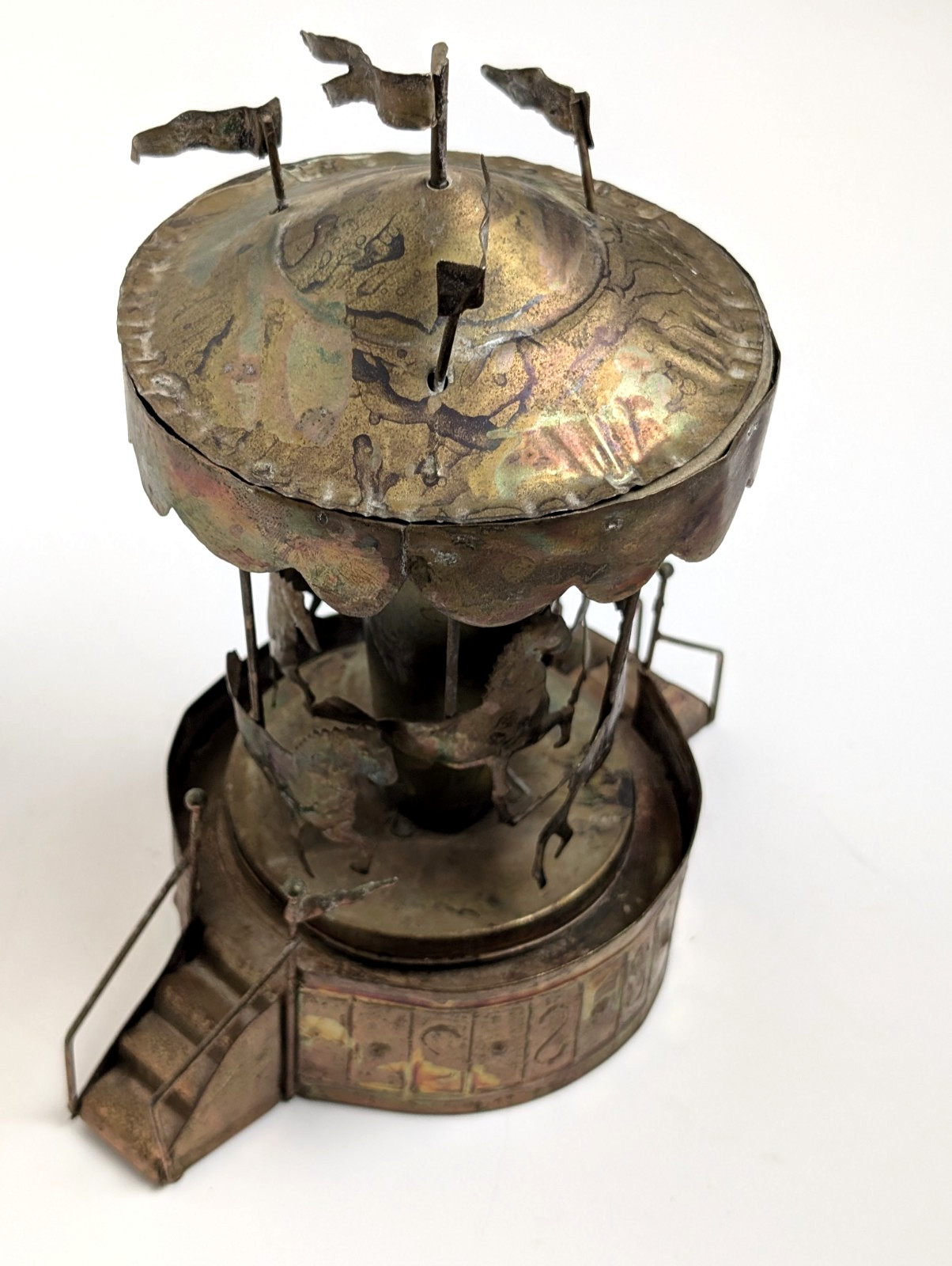 Vintage Metal Carousel Music Box Sankyo Japan Horses HK Patina 8\