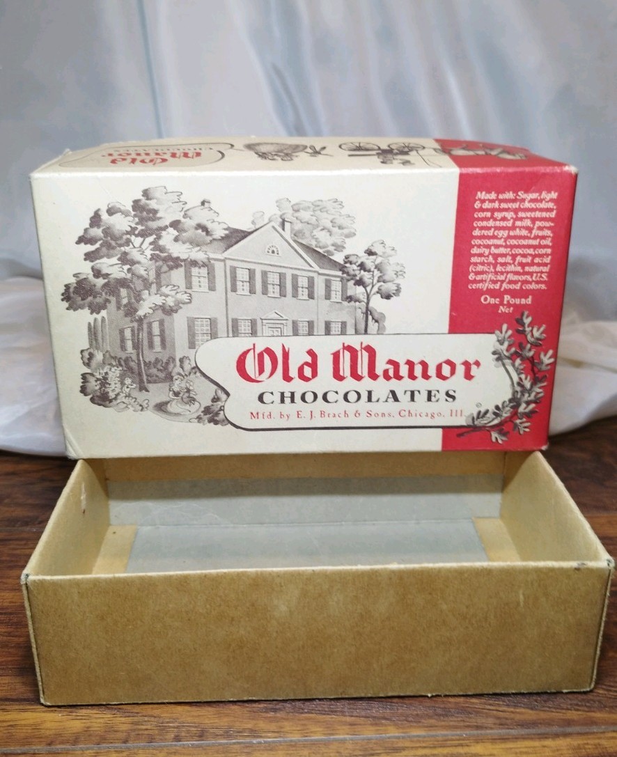 Vintage 1930s E.J. Brach & Sons Old Manor Chocolates Candy Box Chicago Empty Box