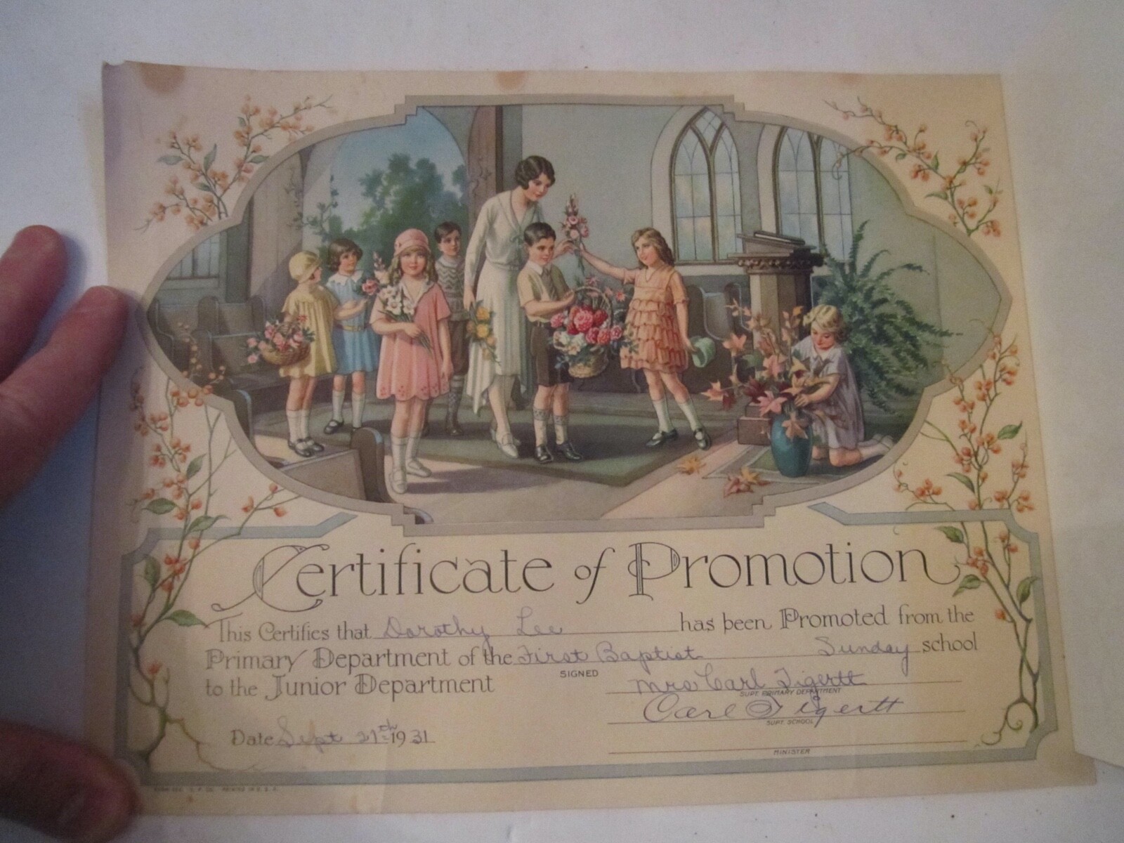 1931 FIRST BAPTIST CERTIFICATE OF PROMOTION - SUNDAY SCHOOL TO JR DEPT. - WD