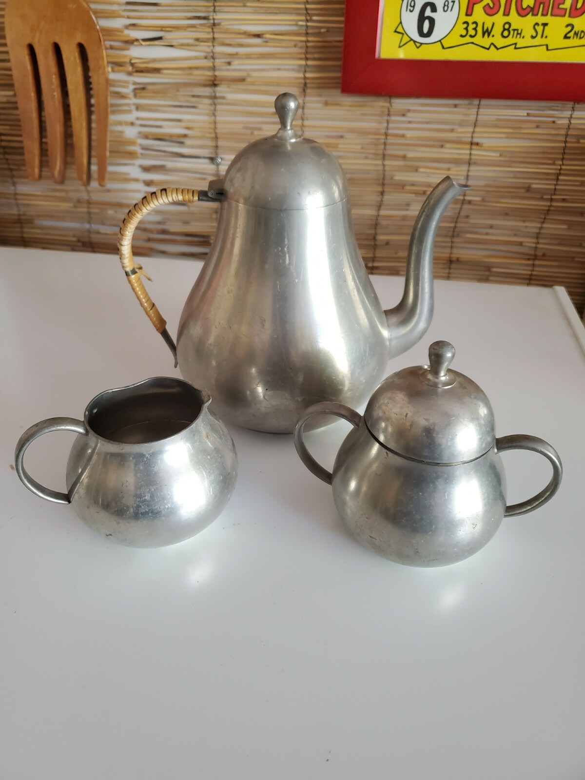 Vintage Pewter Metal Teapot Meeuws & Zoon Den Haag Holland sugar bowl and jug 