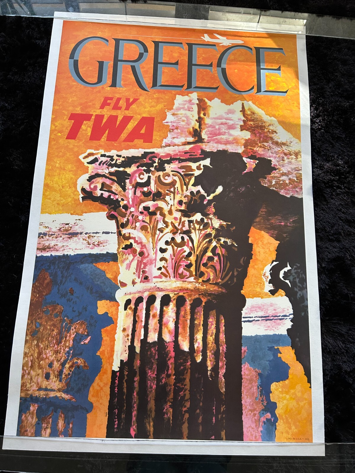FLY TWA GREECE Orig. 1960\'s  DAVID KLEIN Travel Poster Temple Pillar LINEN LINED