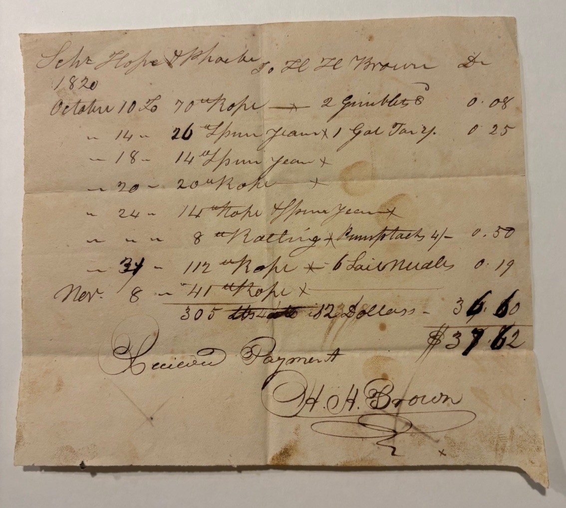H.H.Brown Signed Reciept 1820 for Schooner Hope & Phoebe Supplies Document RI