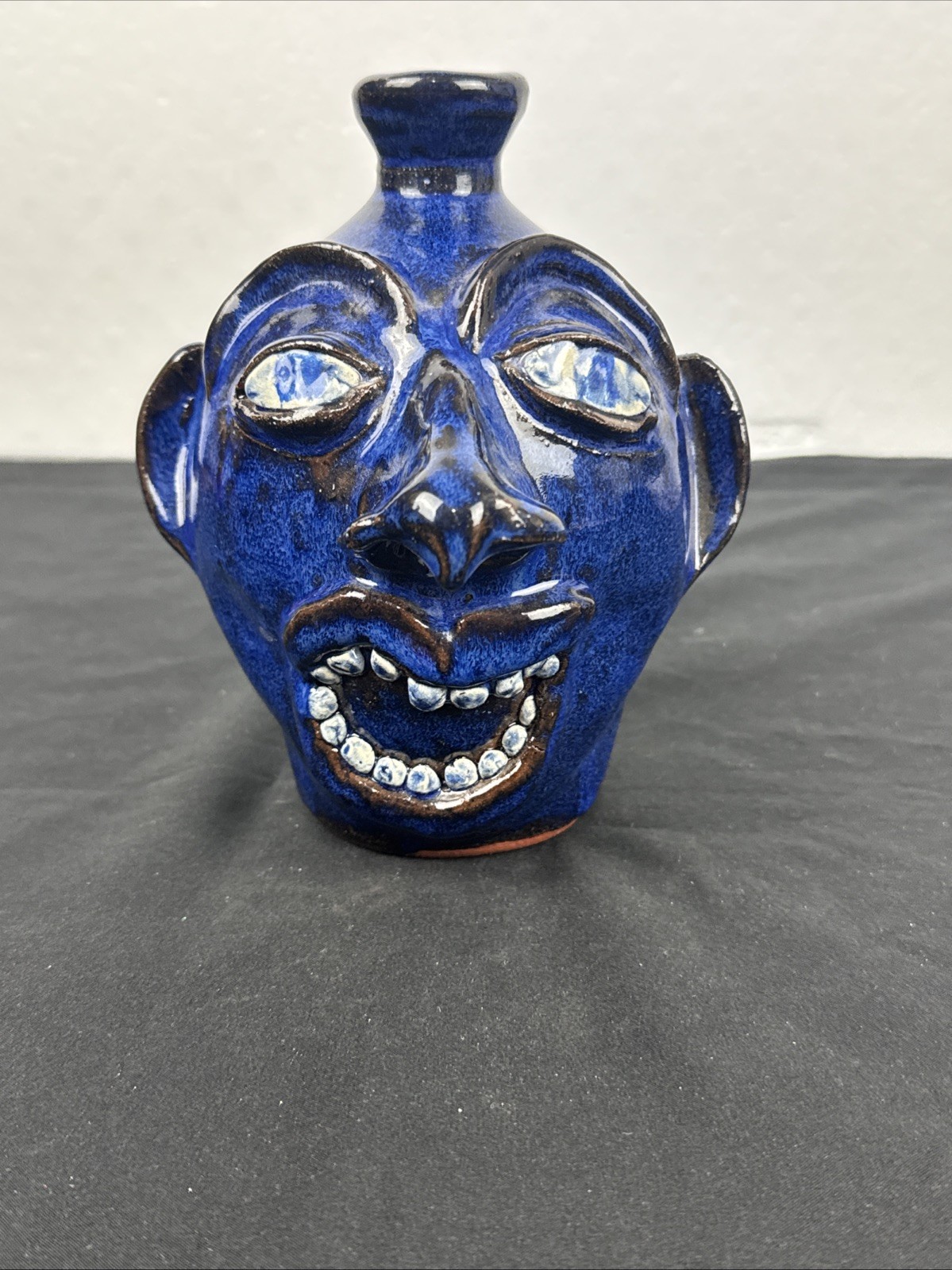 Hand Painted Blue Glazed with Gold Color Trim Folk Art Ceramic Face Jug