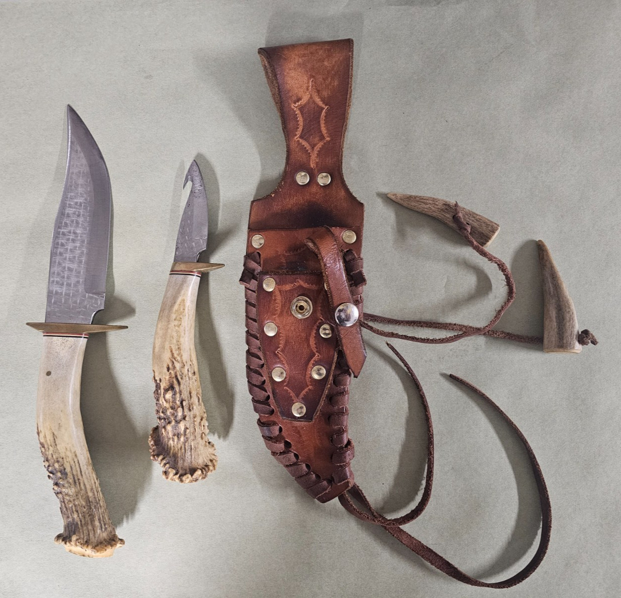 Deer Antler Hunting Knife Set ⭐ Two Knives with Leather Sheath