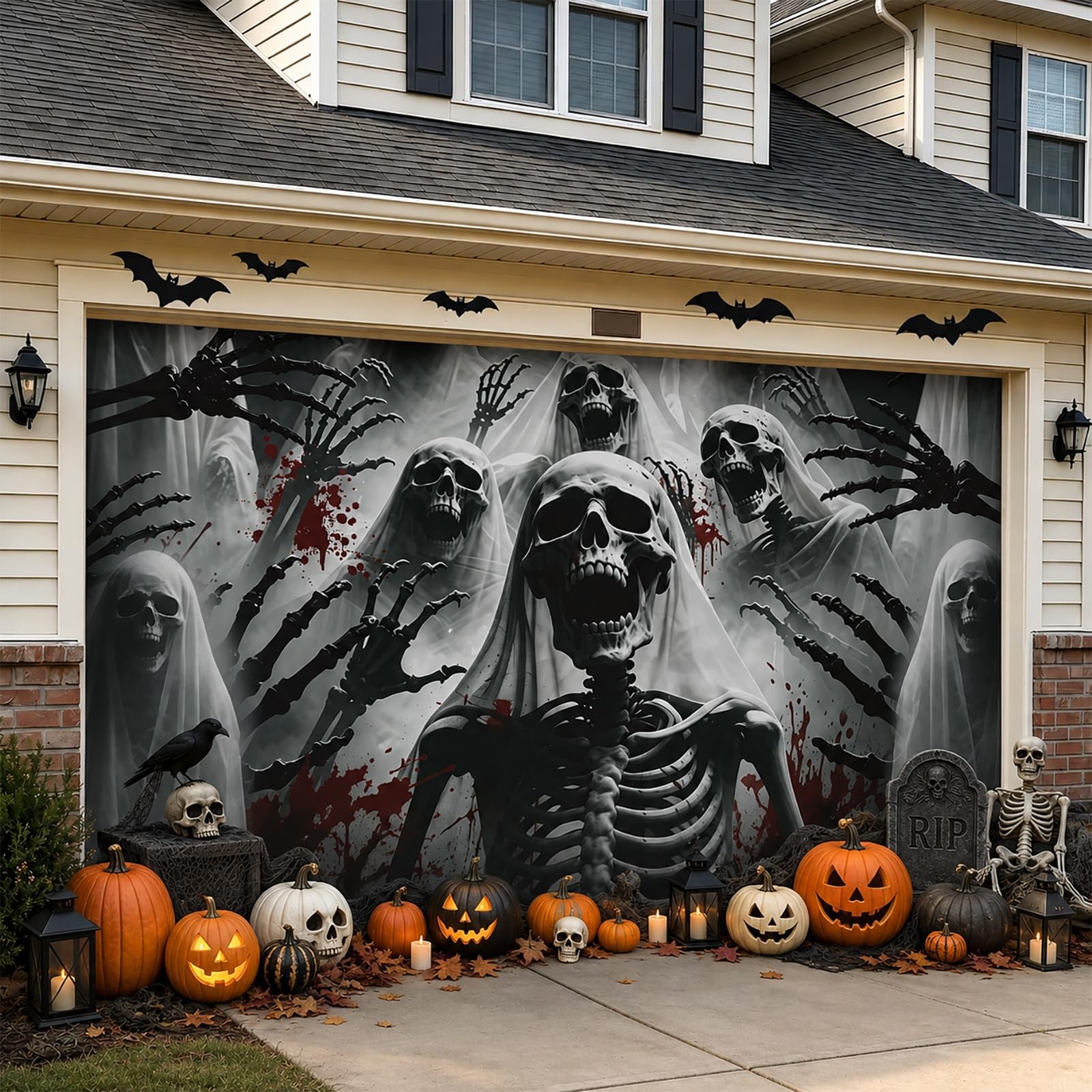 Halloween Garage Door Cover Banner 7x16Ft Skull Outdoor Party Decor