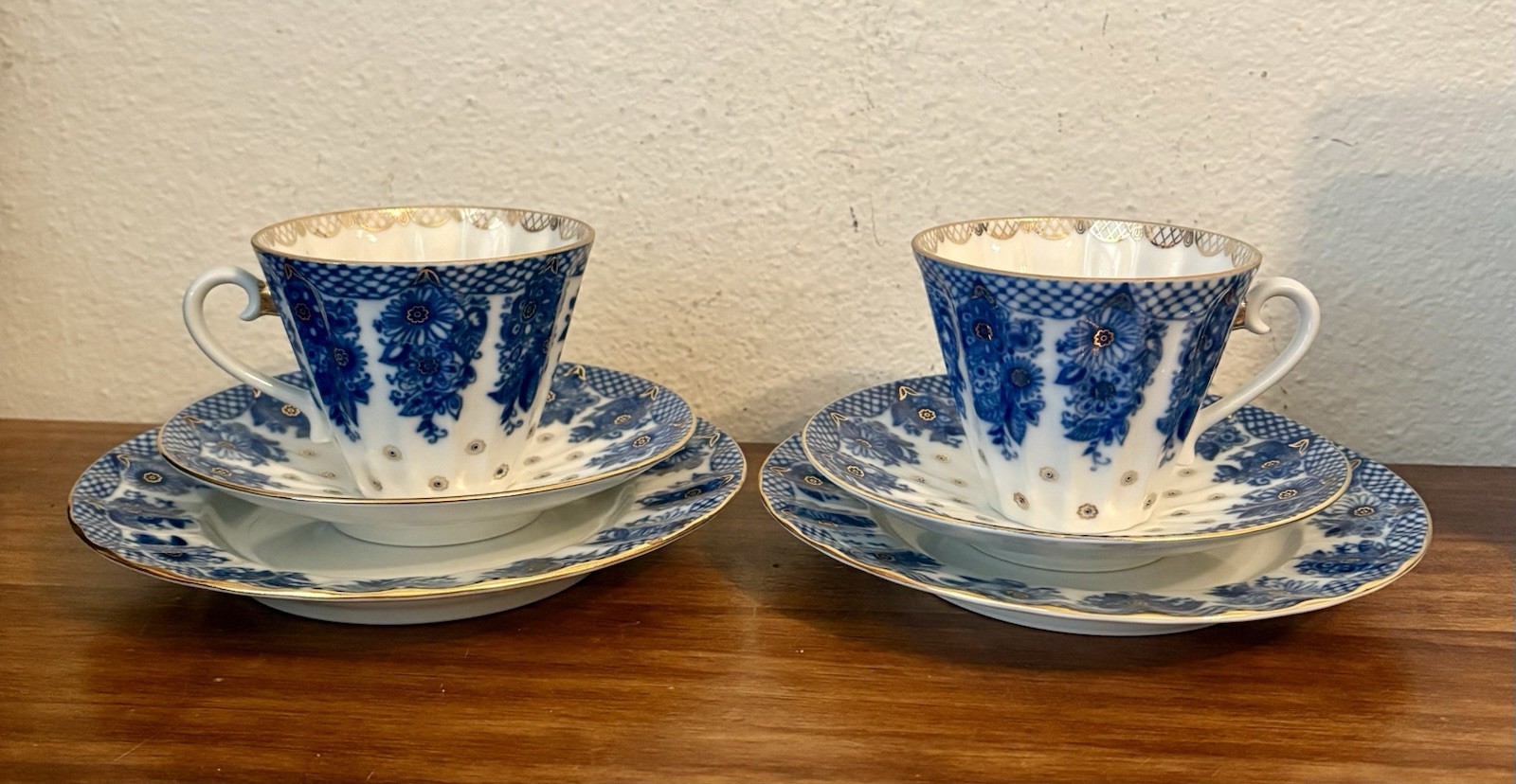 Pair of LOMONOSOV Imperial Russian Porcelain Cup Saucer Sets- BRIDESMAID BASKETS