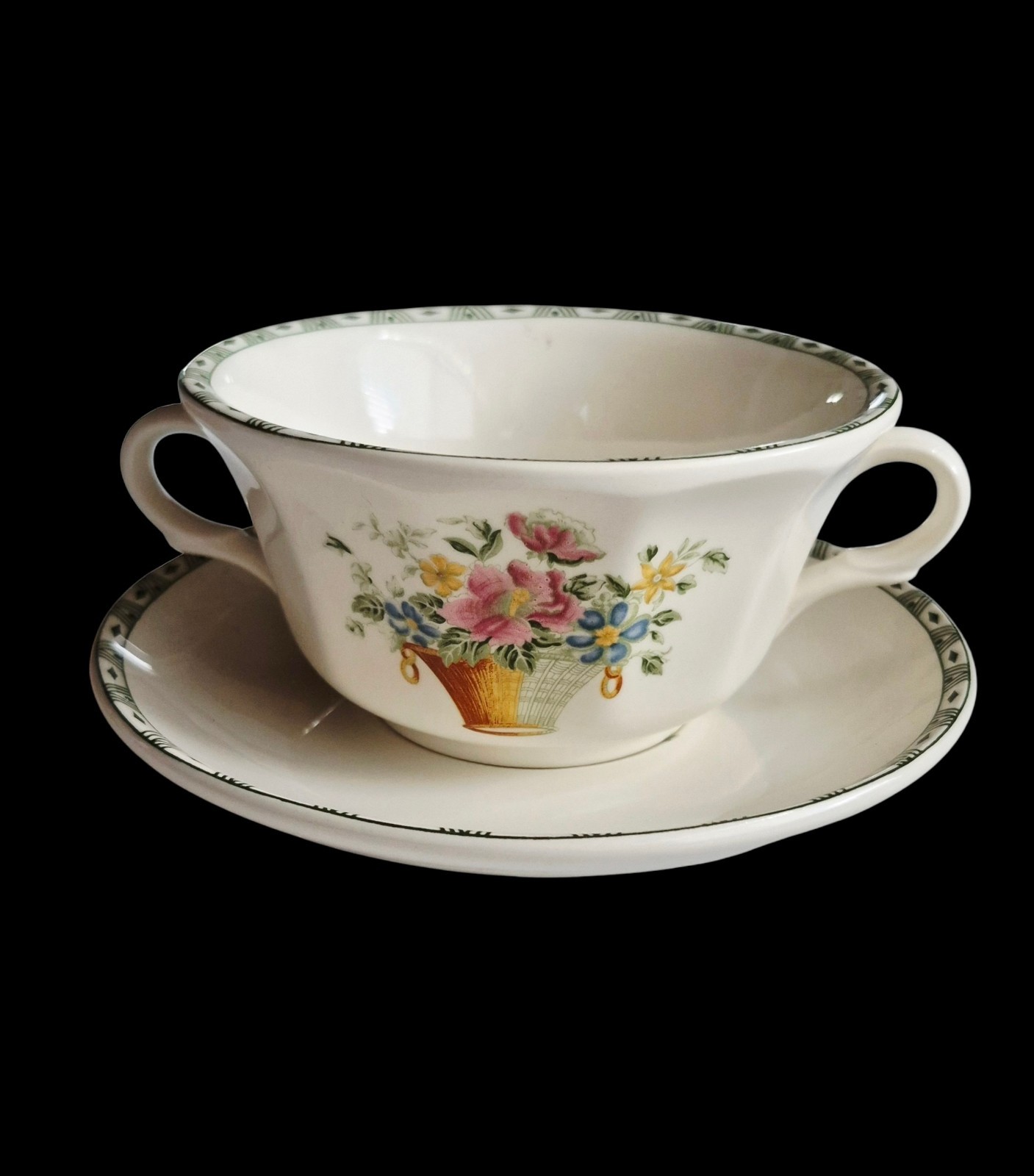 Vintage La Cartuja de Sevilla Bouillon Cup and Saucer, Floral Pattern,  Spain