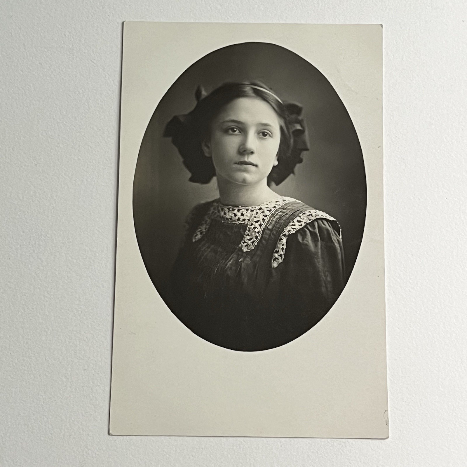 Antique RPPC Real Photograph Postcard Girl Beautiful Dress Thoughtful Expression