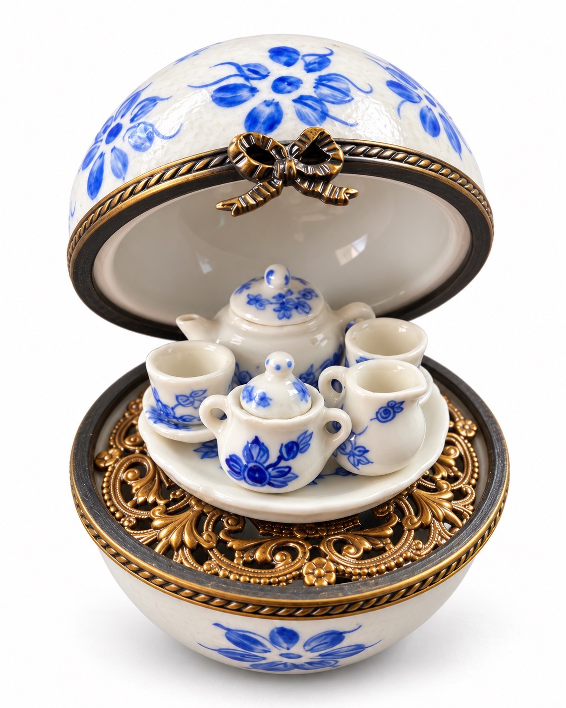 Rare Vintage Limoges, France Porcelain Trinket Box with Miniature Tea Set Inside
