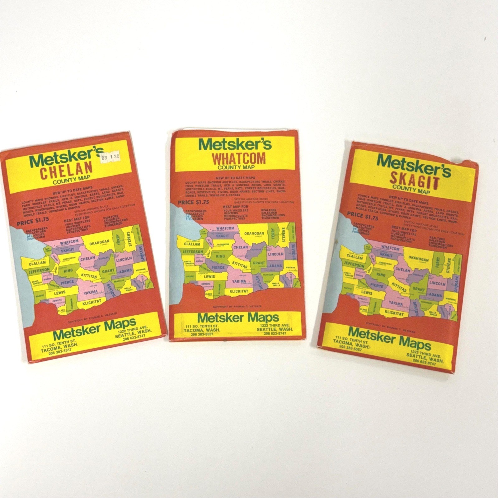 Vintage Metsker\'s Maps: Chelan, Whatcom, Skagit County Prints (Set of 3)