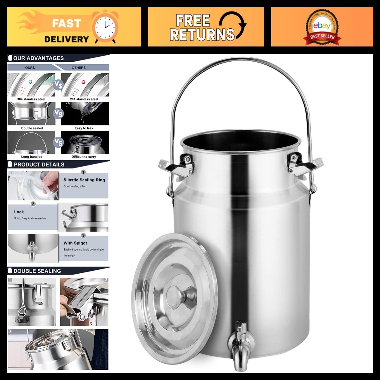 304 Stainless Steel Milk Can with Spigot - 1.3 Gallon Beverage Dispenser, Metal
