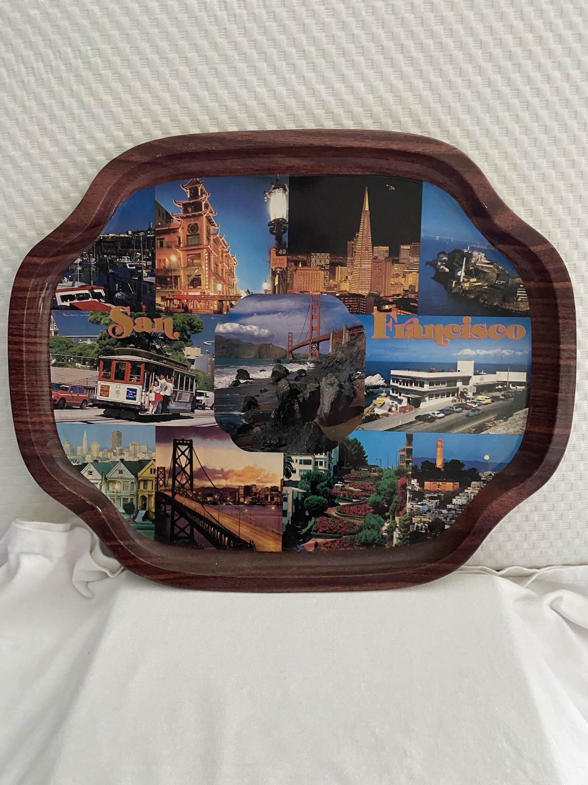 Vintage San Francisco California Souvenir Tin Metal Serving Tray Faux Wood Edge