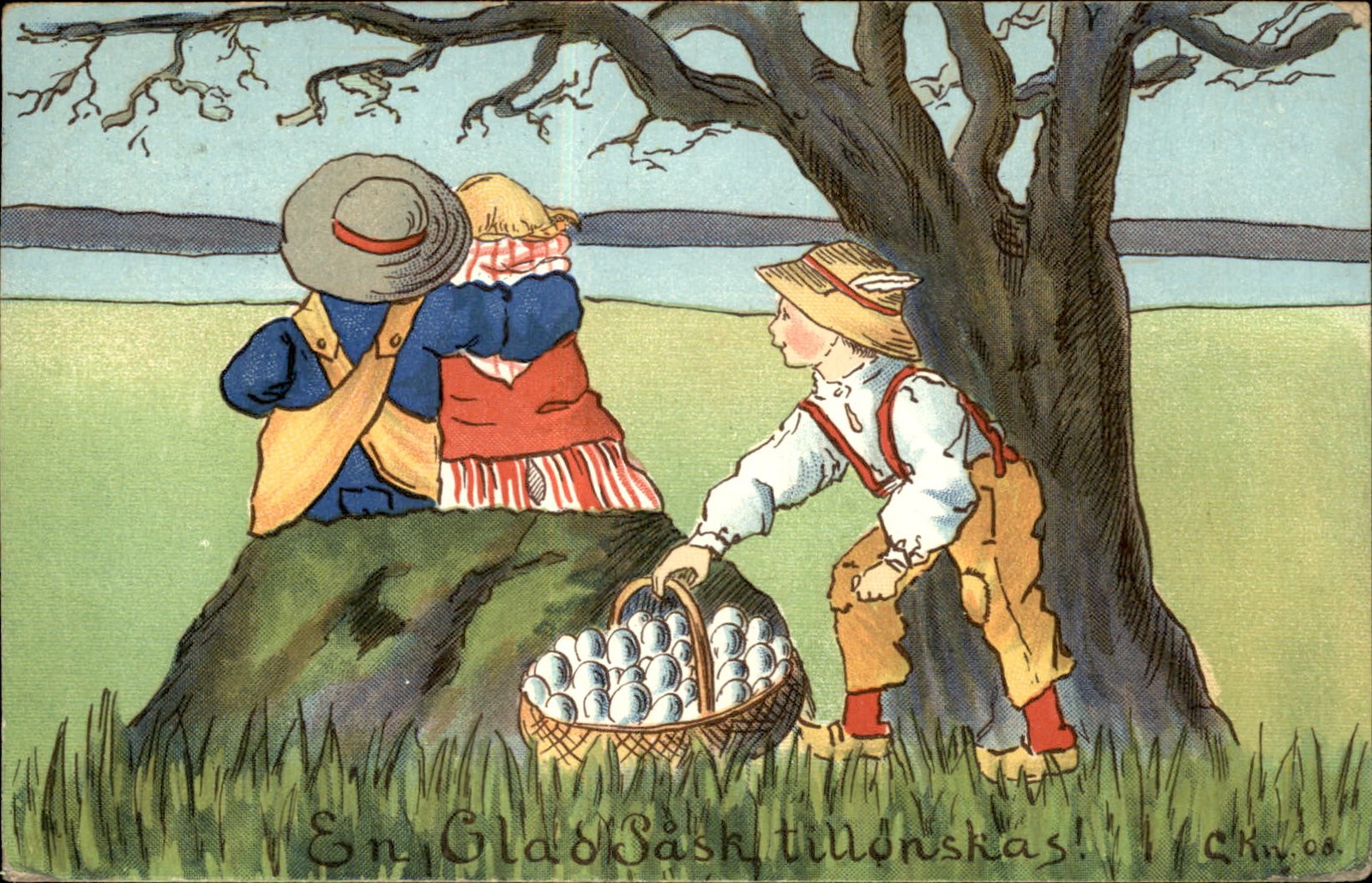 Easter Scandinavian Children Romance Boy Steals Eggs c1910 Vintage Postcard
