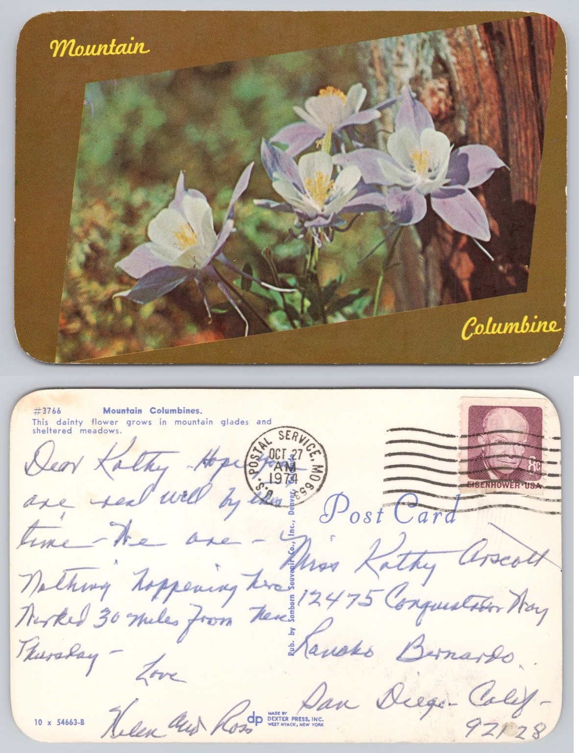 1974 Mountain Columbine Flowers Postcard Denver Colorado Sanborn Dexter Press