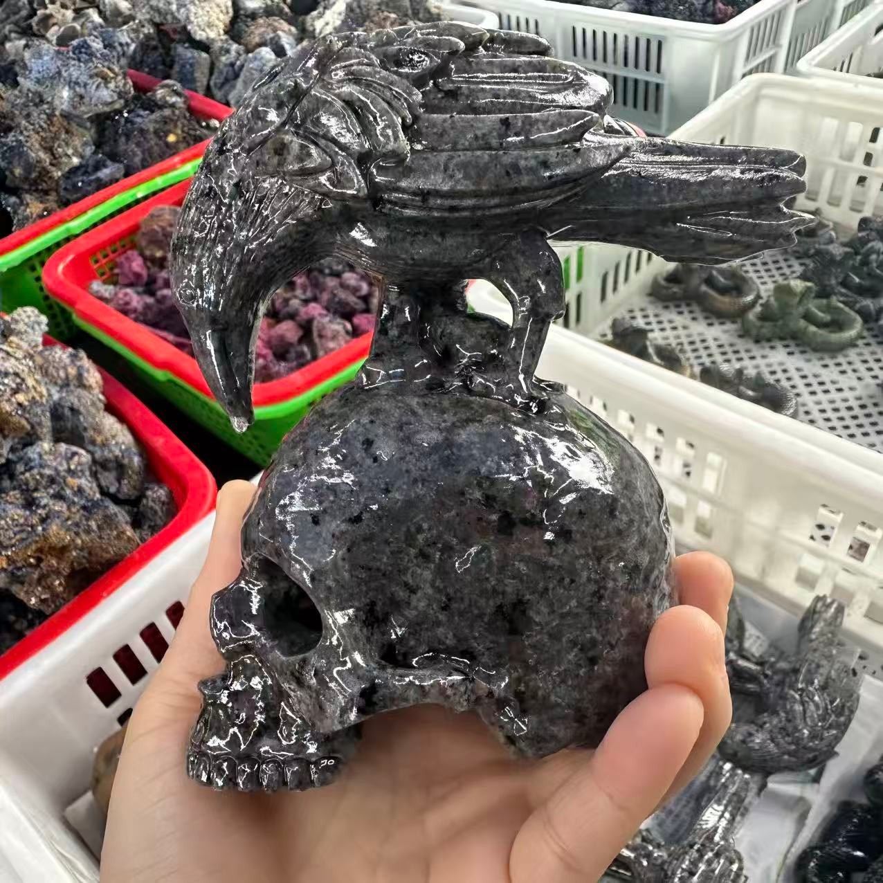 1pc Natural Yooperlite Quartz carved Bird Crystal skull reiki Healing decor