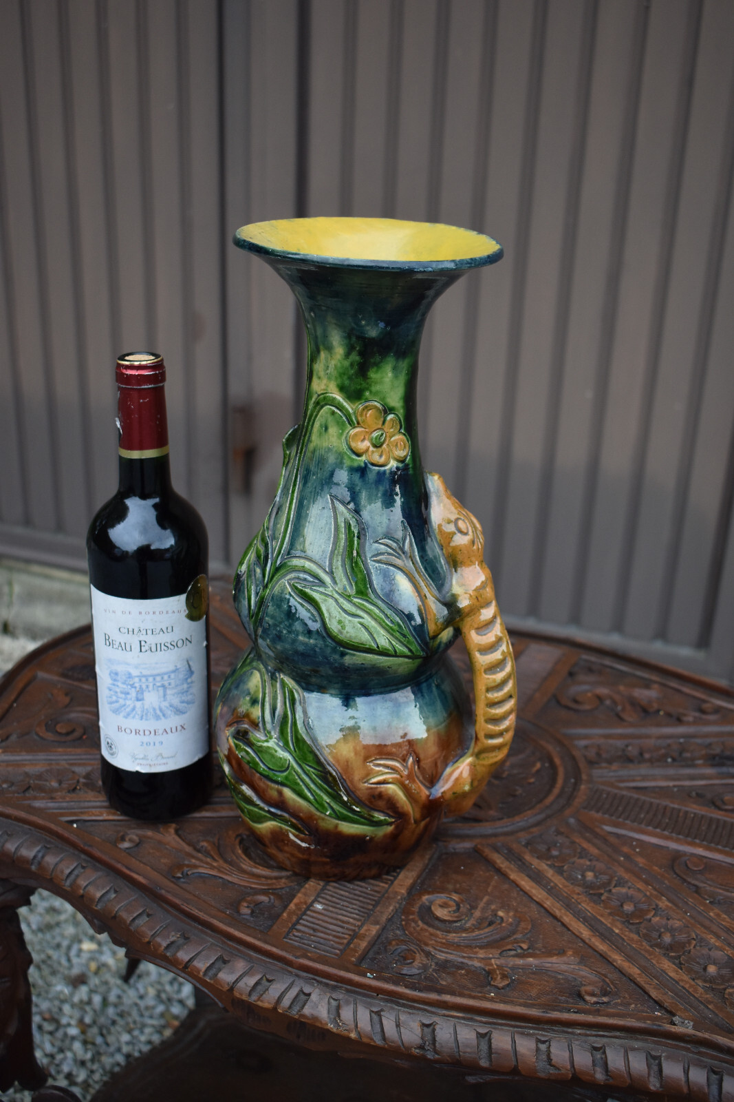 Antique FLemish earthenware Vase with flower salamanders crawling rare