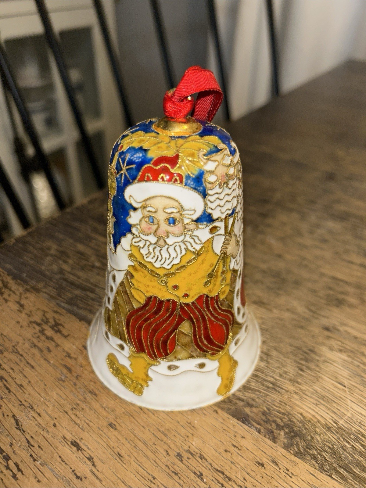 Dillard’s Trimmings Cloisonné Enamel Bell 2004 Christmas Ornament Santa