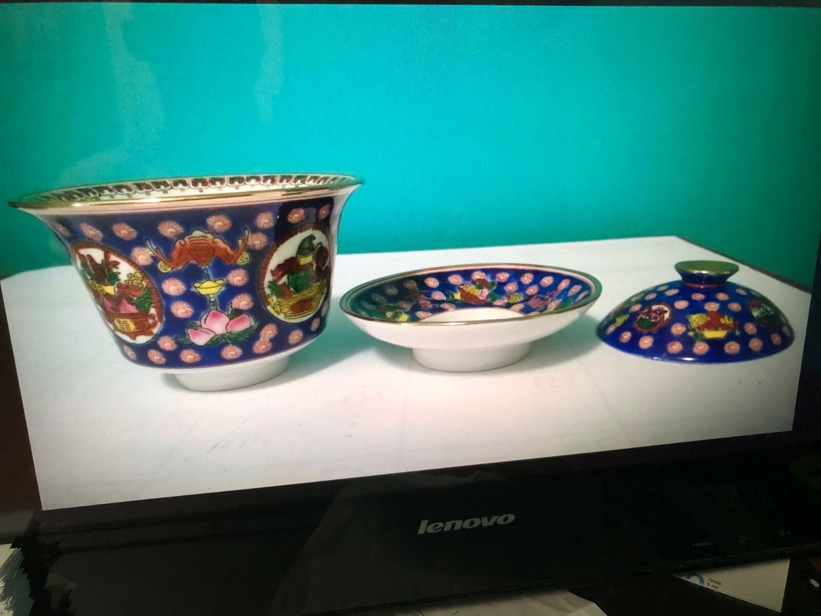 ANTIQUE ORIENTAL  Gold Gilded CHINA TEA CUP & SAUCER & LID (Set of 4 X 3 pc.)