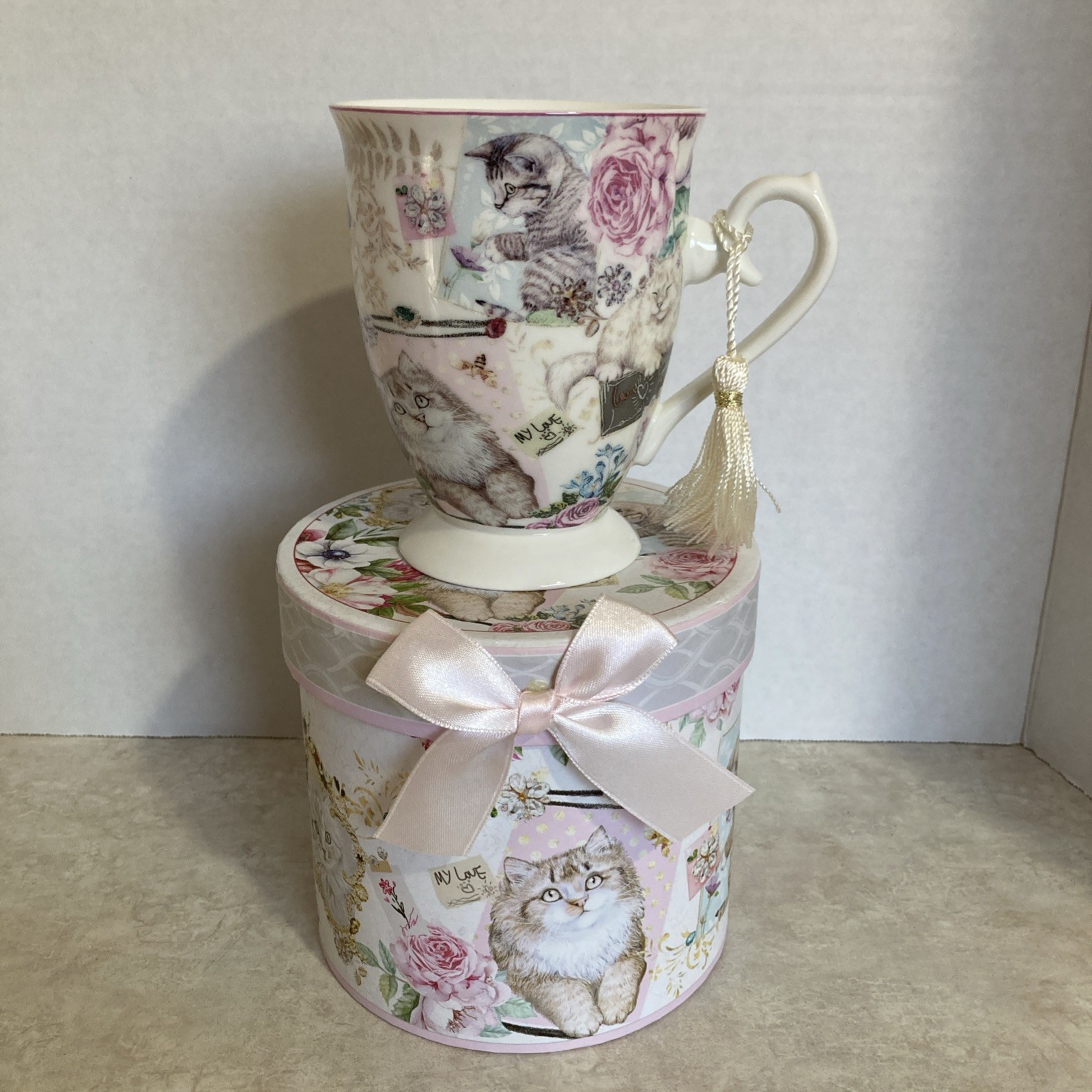 Delton Products Porcelain Kitten & Floral Tea Mug With Keepsake Gift Box 4.6” 