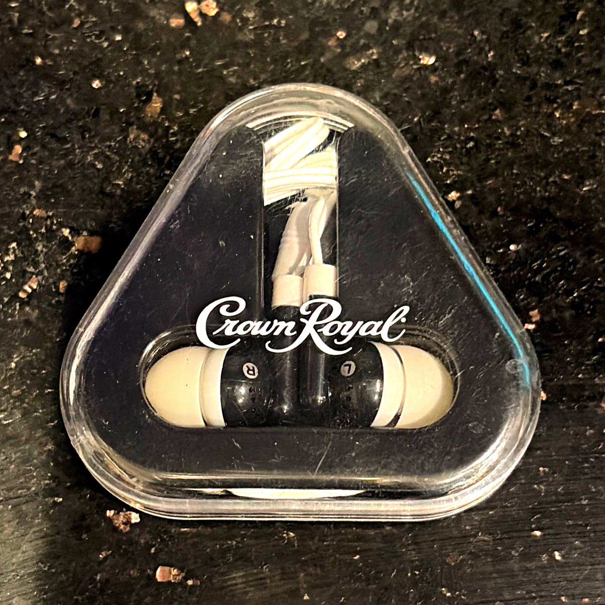 RARE Crown Royal Wired Earbuds Earphones with Triangular Case Black/White