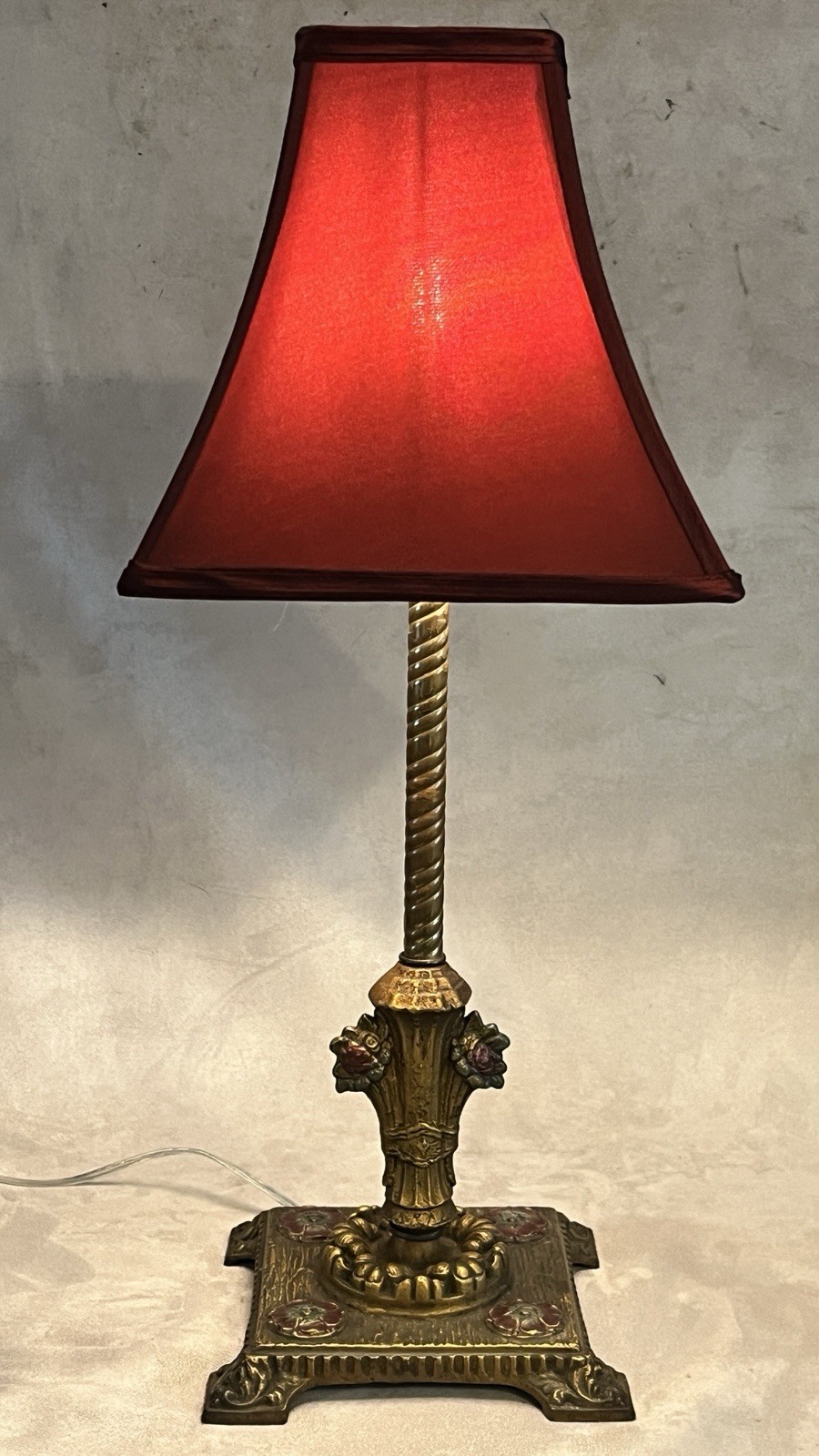 Gorgeous 1930s Bronze Polychrome Lamp With Red Shade Rewired & Fully Func.