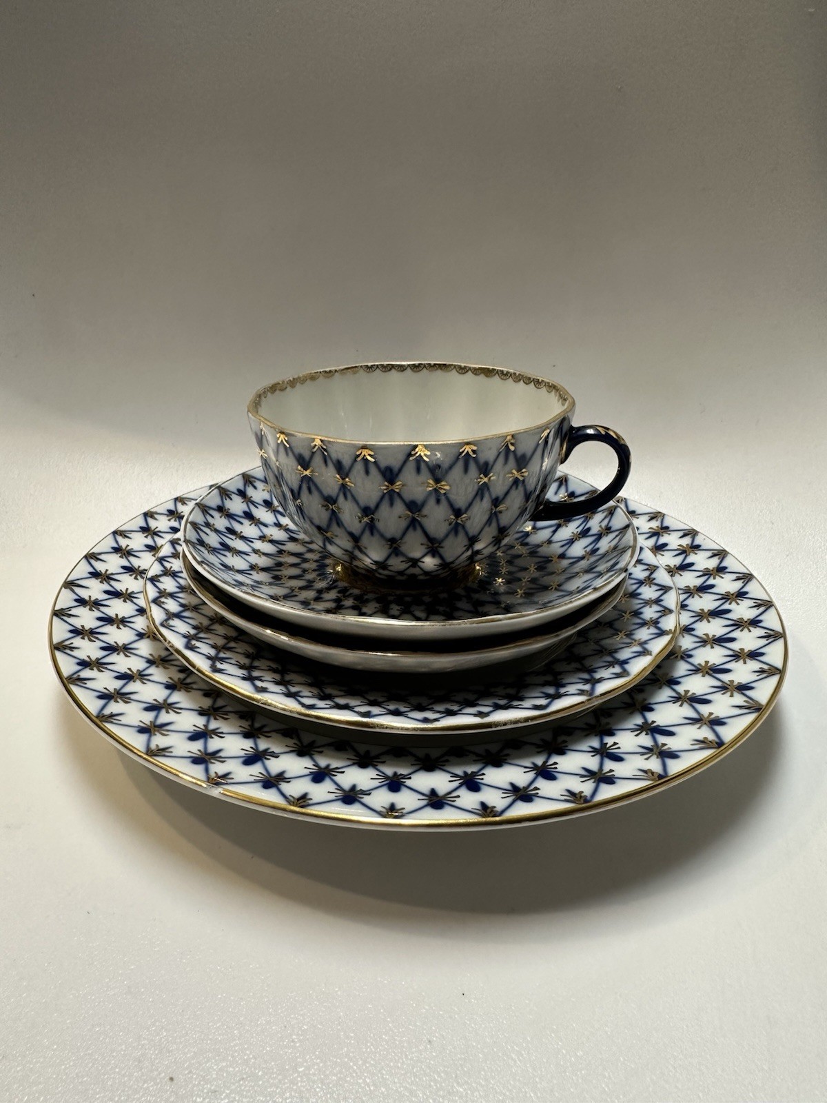 Russian Lomonosov Imperial Porcelain Cobalt Net 5pc  -  Cup 2 Saucers 2 Plates