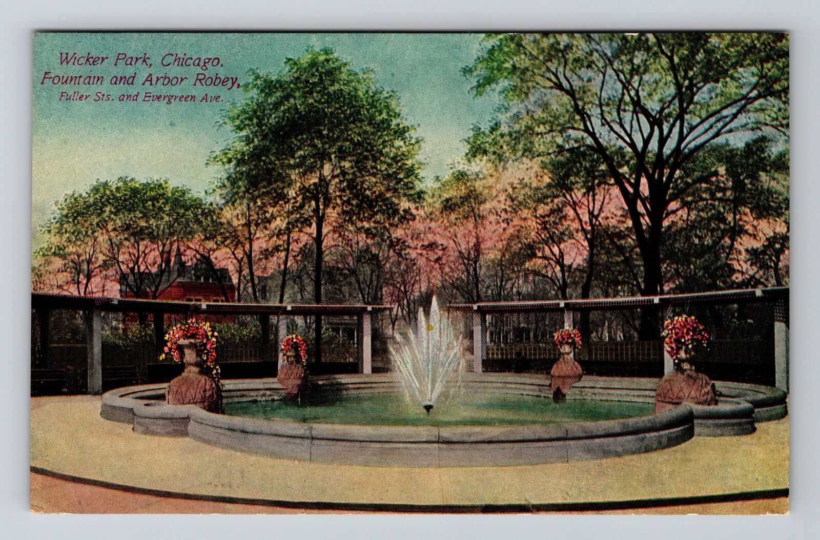 Chicago IL-Illinois, Wicker Park, Fountain & Arbor Robey, Vintage Postcard