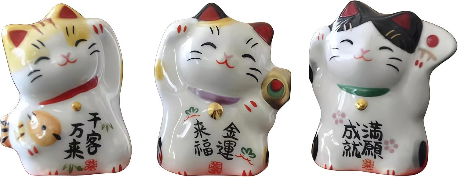 3-Piece Maneki Neko Cat Figurine Set, Mini Japanese Ceramic Lucky Beckoning Cat