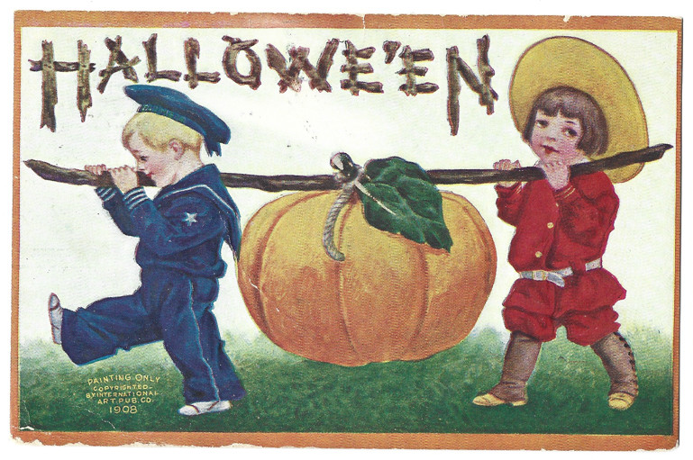 1908 Halloween Postcard Kids Pumpkin Navy Suit Posted Brooklyn NY Flatbush